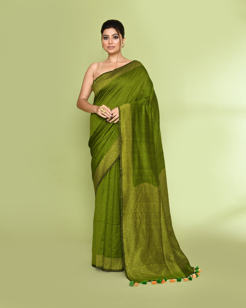 Piyari Fashion Women's Apple Green Embellished Sequined Cotton Saree | Grocsy