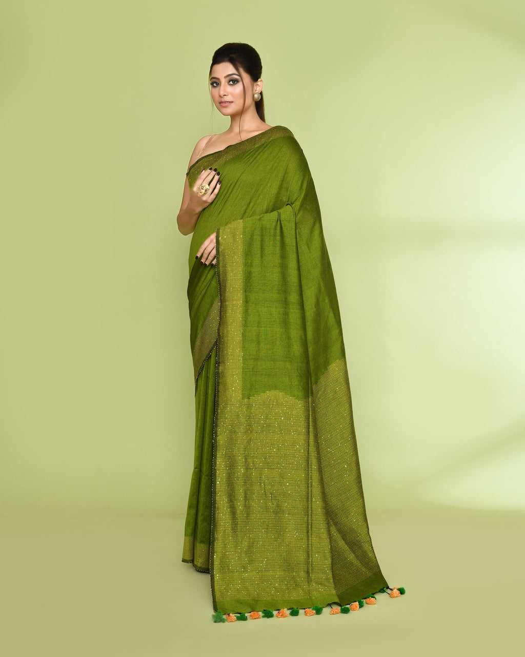 Piyari Fashion Women's Apple Green Embellished Sequined Cotton Saree | Grocsy
