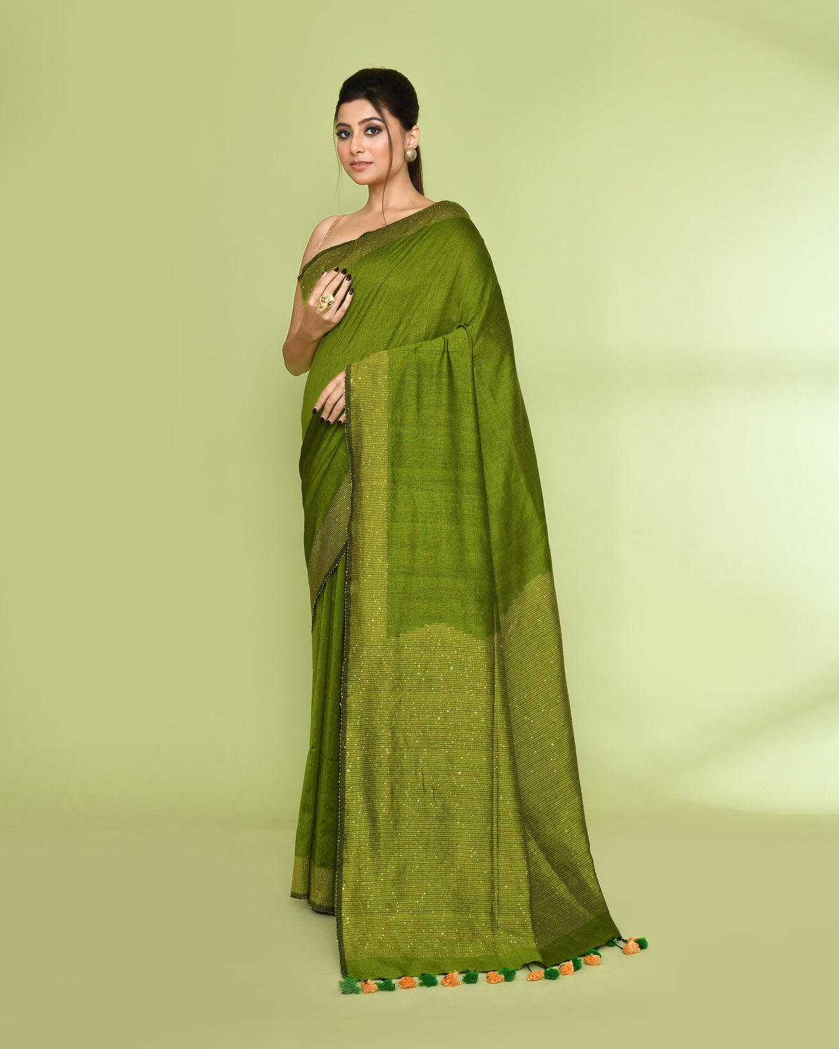 Piyari Fashion Women's Apple Green Embellished Sequined Cotton Saree | Grocsy