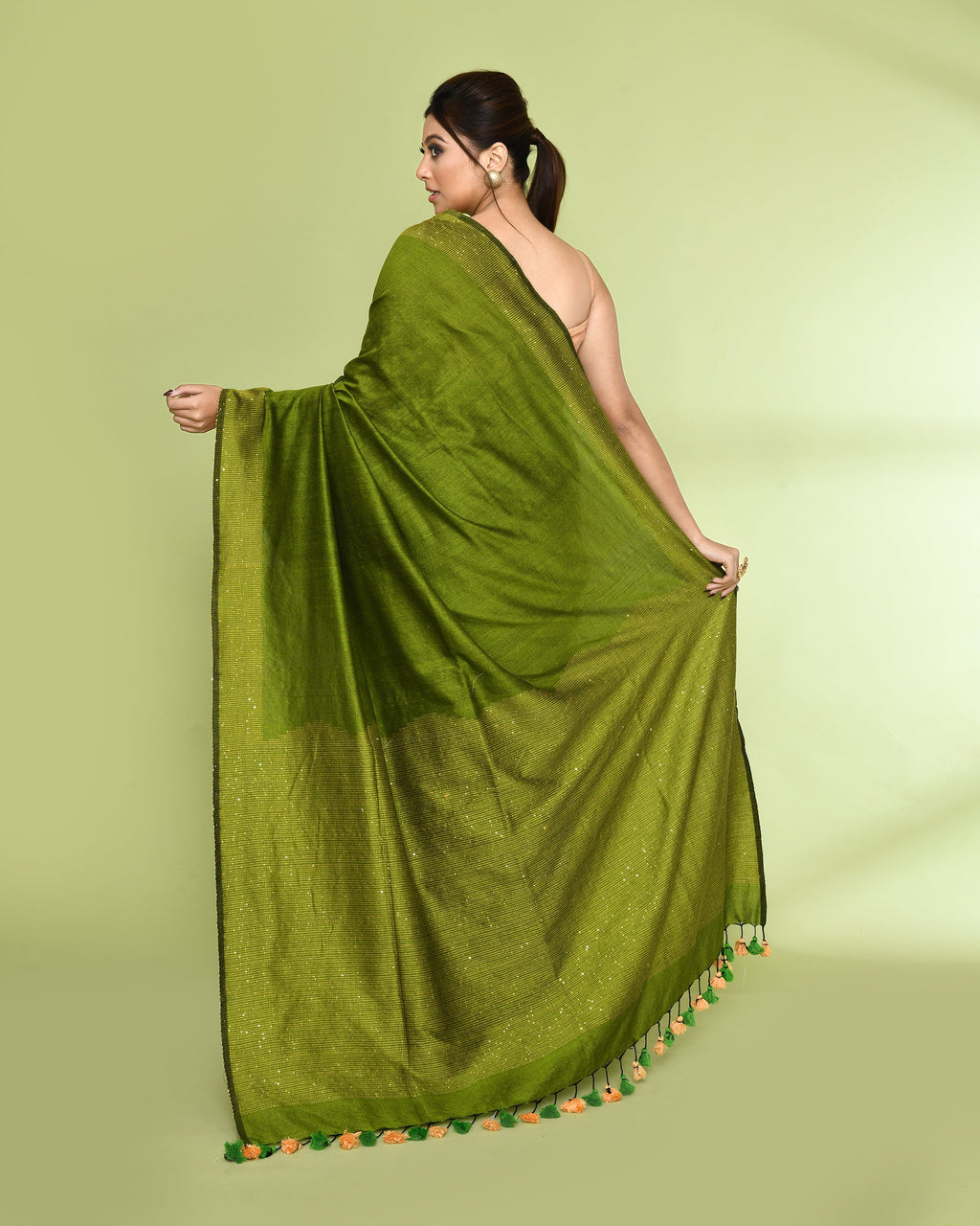Piyari Fashion Women's Apple Green Embellished Sequined Cotton Saree | Grocsy