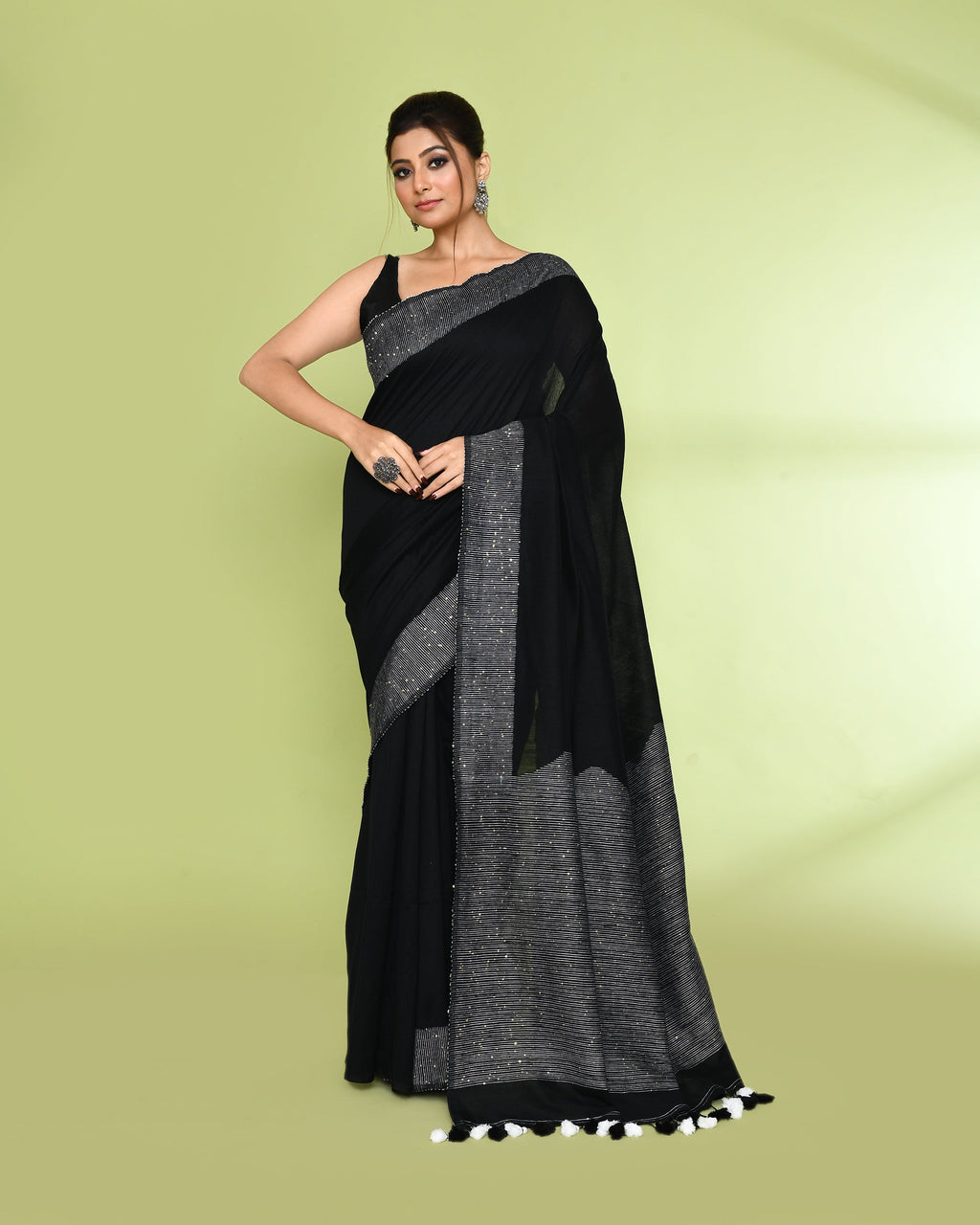 Piyari Fashion Women's Black Embellished Sequined Cotton Saree | Grocsy