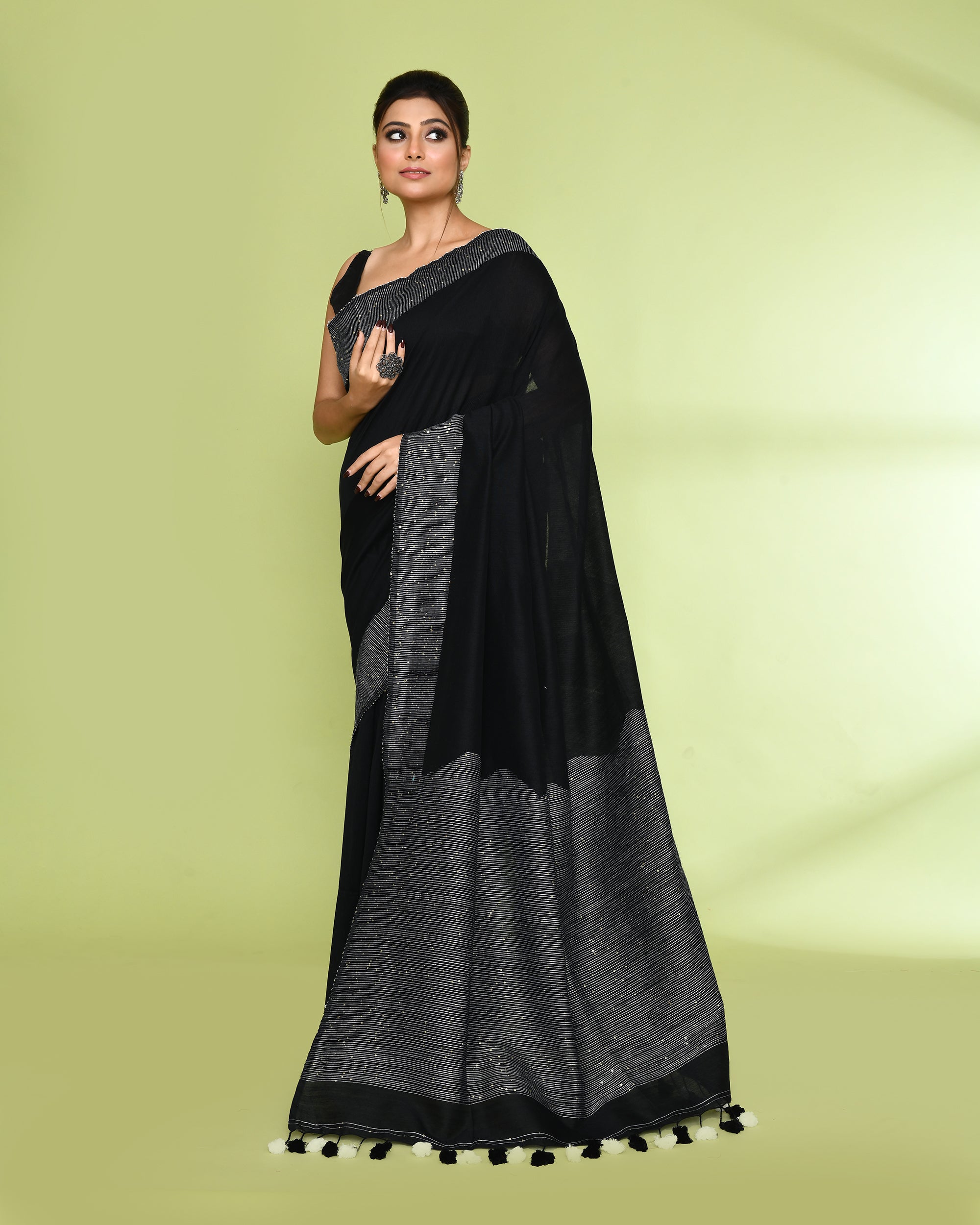 Piyari Fashion Women's Black Embellished Sequined Cotton Saree | Grocsy