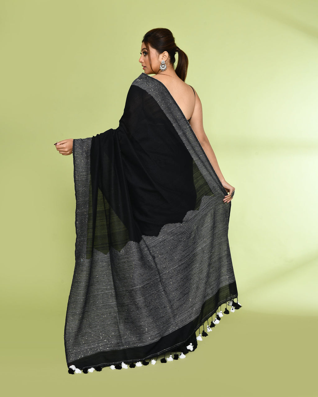 Piyari Fashion Women's Black Embellished Sequined Cotton Saree | Grocsy