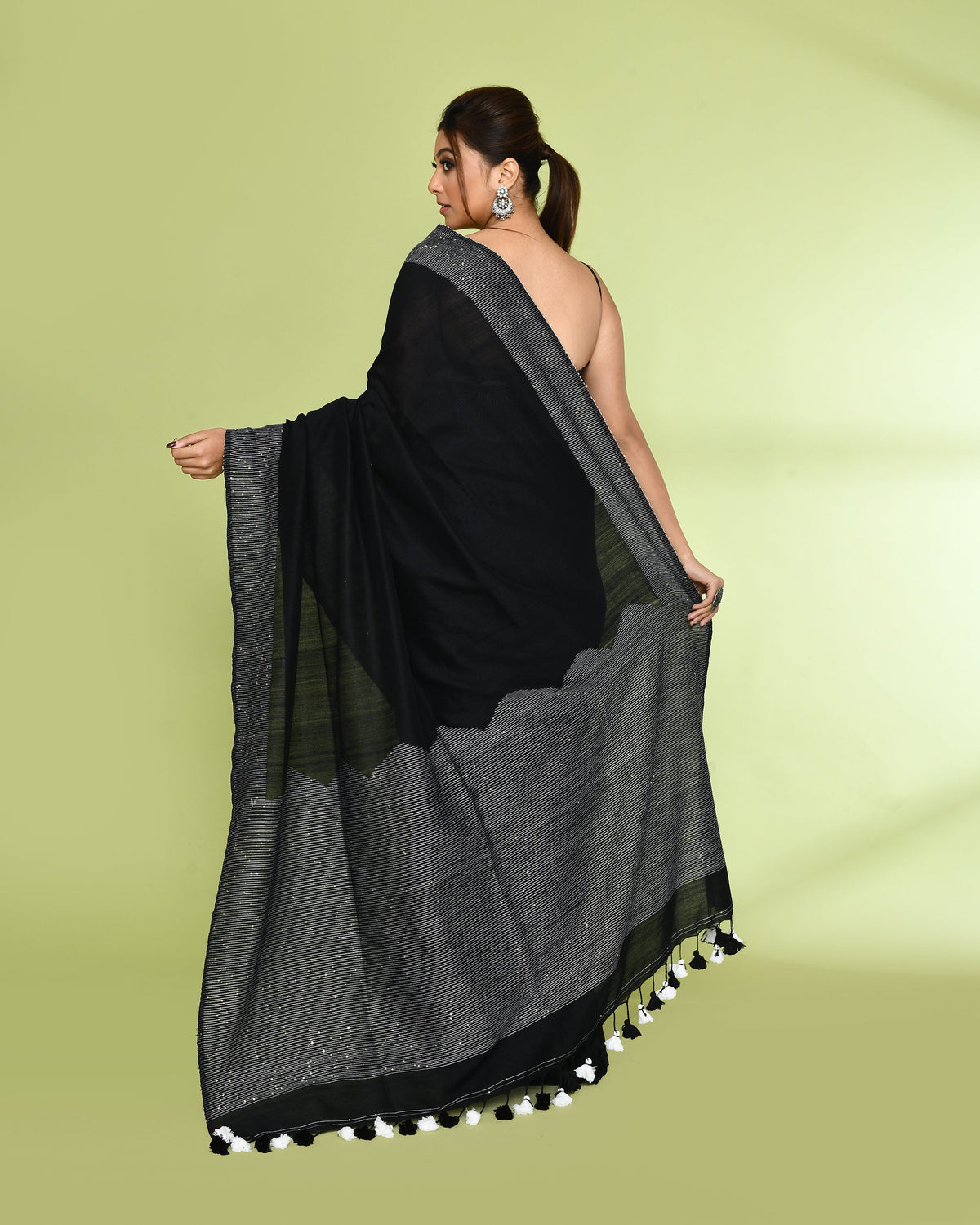 Piyari Fashion Women's Black Embellished Sequined Cotton Saree | Grocsy