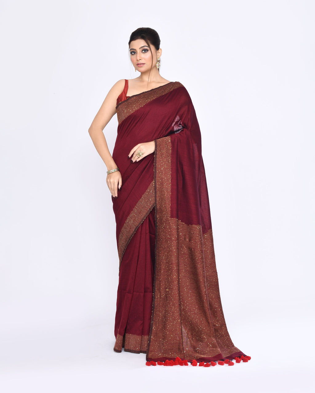 Piyari Fashion Women's Maroon Embellished Sequined Cotton Saree | Grocsy