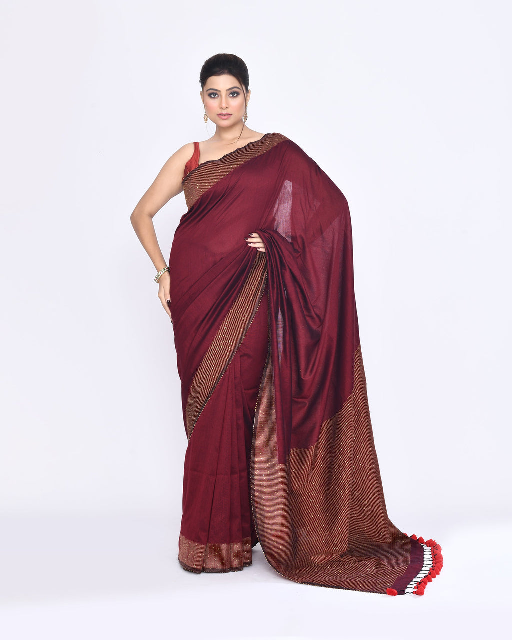 Piyari Fashion Women's Maroon Embellished Sequined Cotton Saree | Grocsy