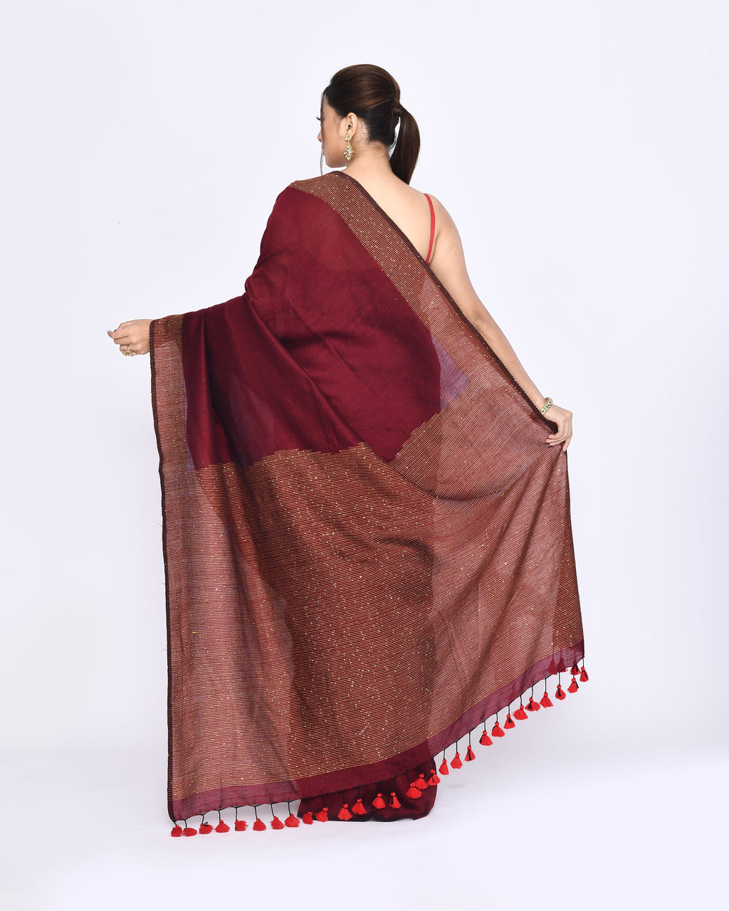 Piyari Fashion Women's Maroon Embellished Sequined Cotton Saree | Grocsy
