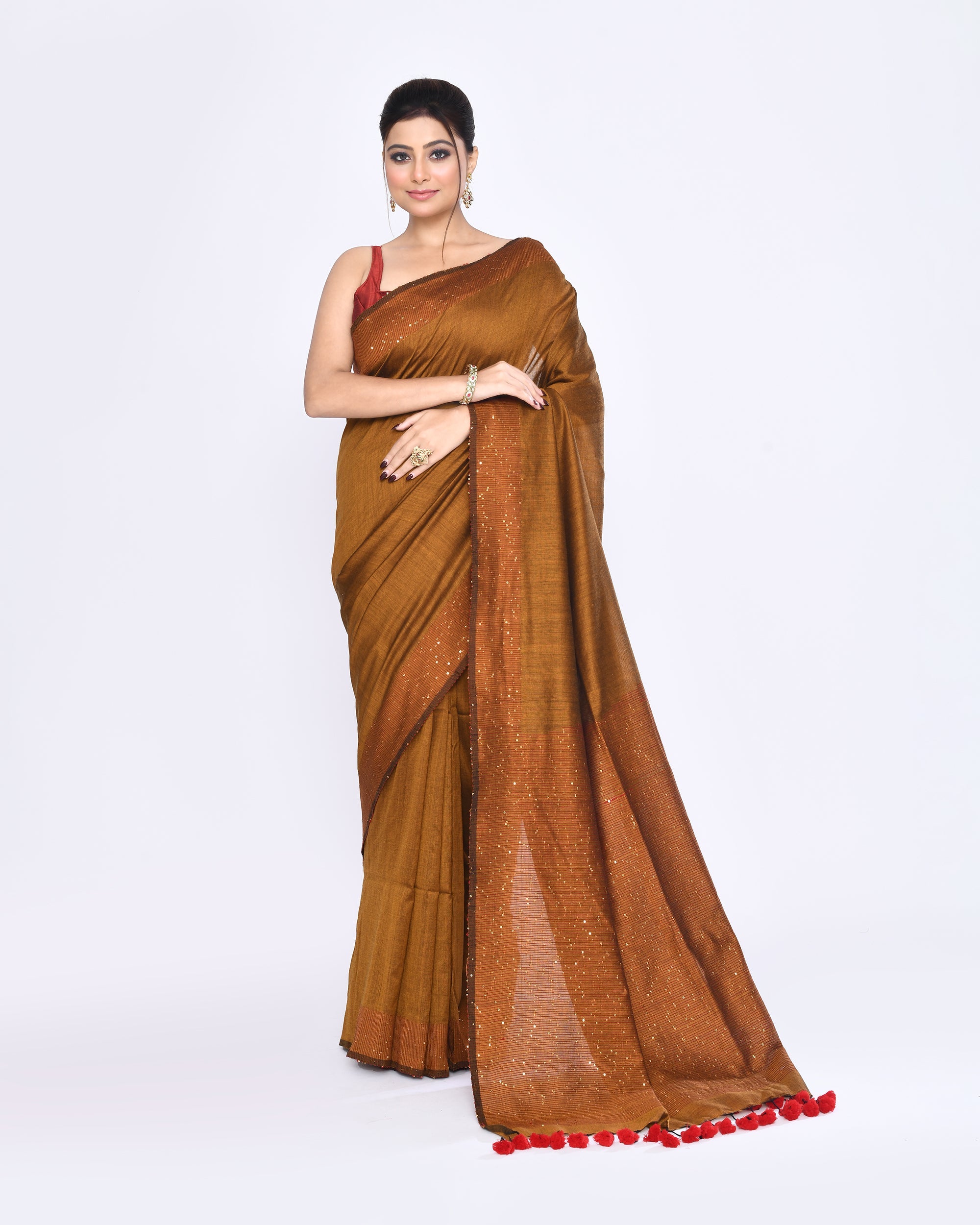 Piyari Fashion Women's Bronze Embellished Sequined Cotton Saree | Grocsy