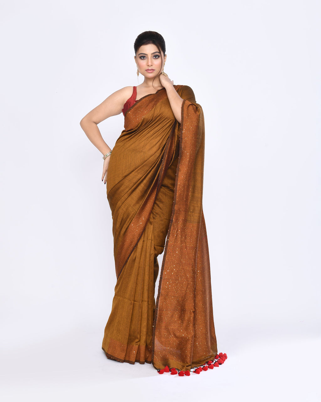 Piyari Fashion Women's Bronze Embellished Sequined Cotton Saree | Grocsy