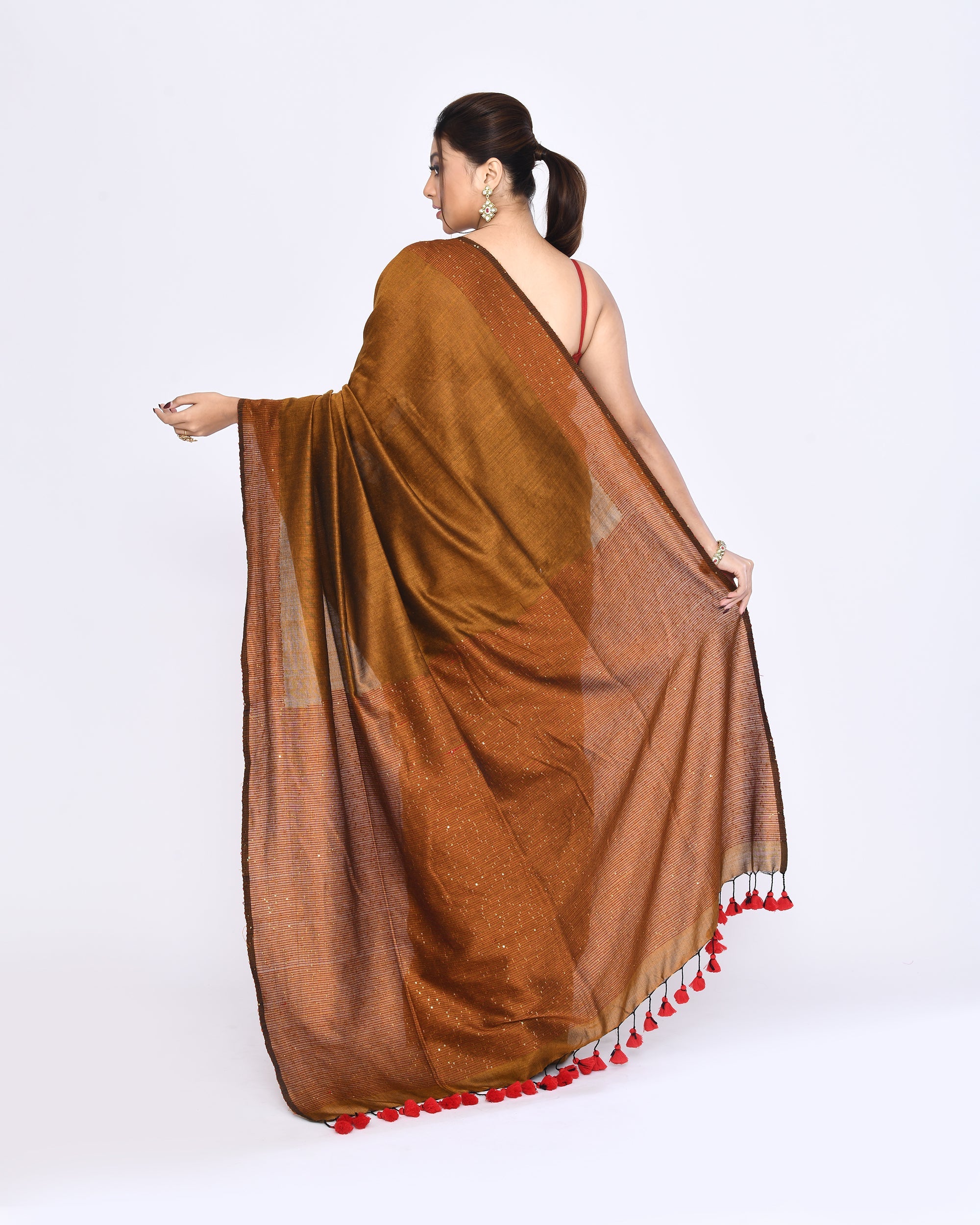 Piyari Fashion Women's Bronze Embellished Sequined Cotton Saree | Grocsy