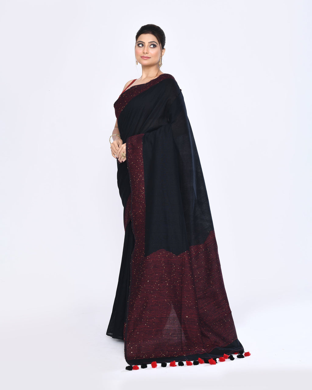 Piyari Fashion Women's Black Embellished Sequined Cotton Saree | Grocsy