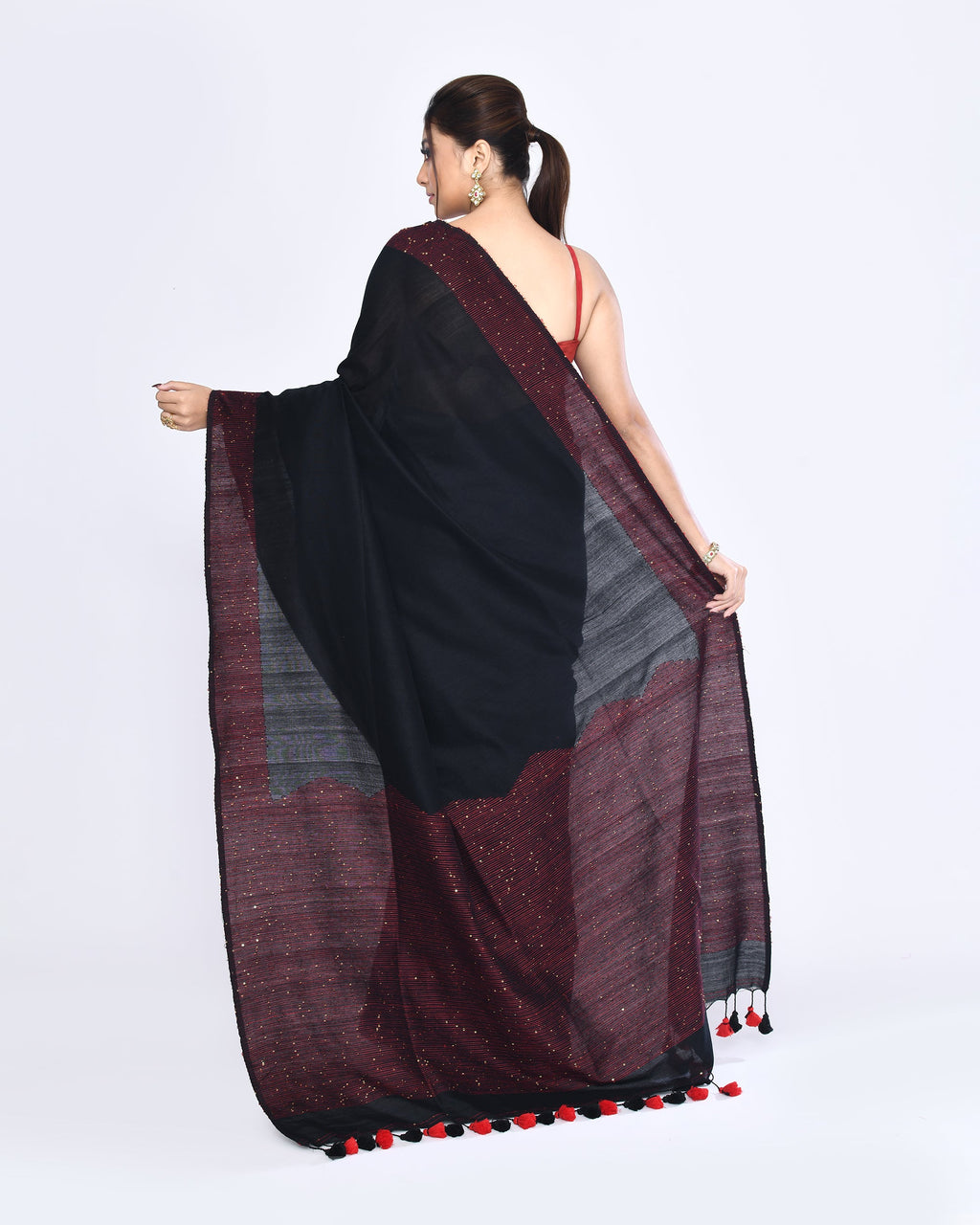 Piyari Fashion Women's Black Embellished Sequined Cotton Saree | Grocsy