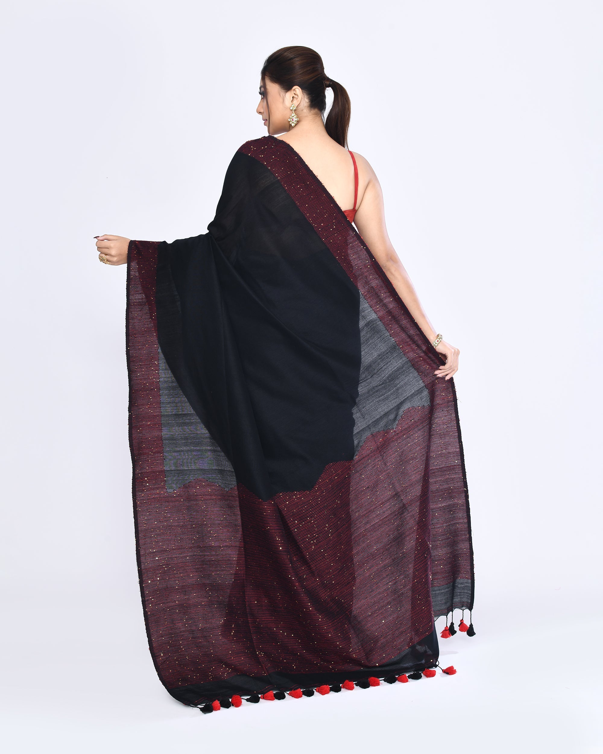 Piyari Fashion Women's Black Embellished Sequined Cotton Saree | Grocsy