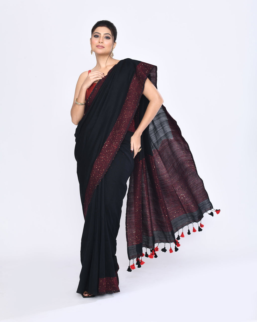 Piyari Fashion Women's Black Embellished Sequined Cotton Saree | Grocsy