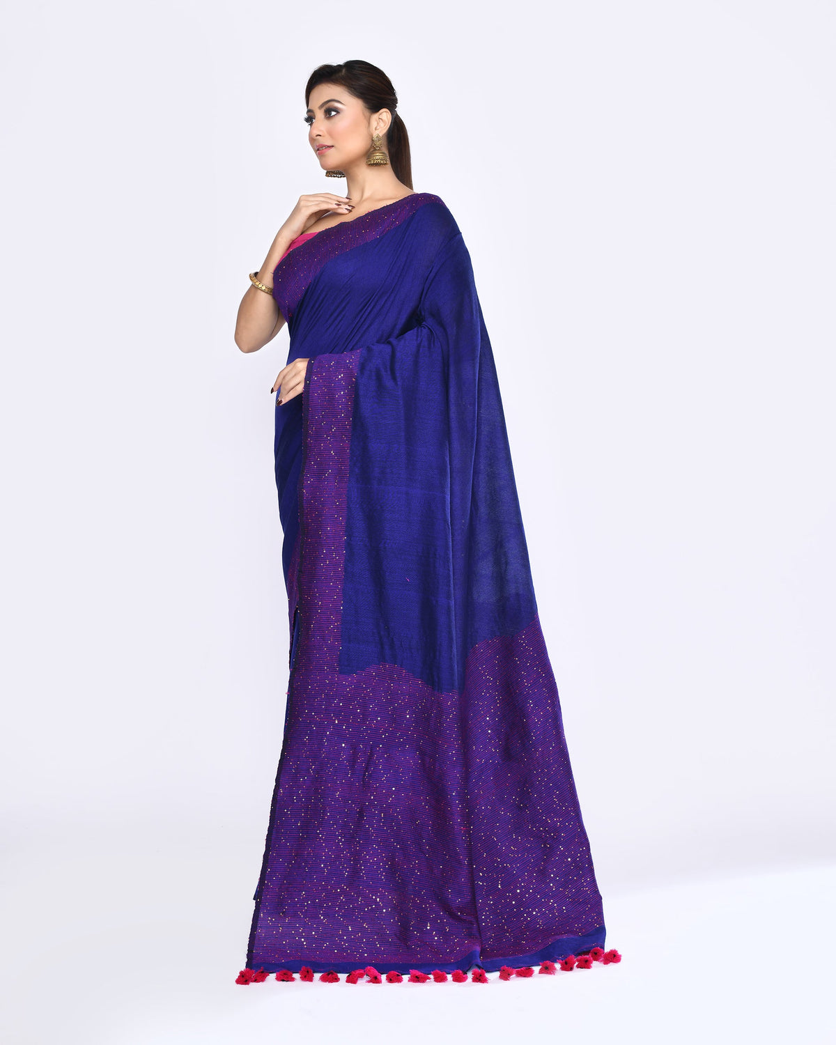 Piyari Fashion Women's Blue Embellished Sequined Cotton Saree | Grocsy