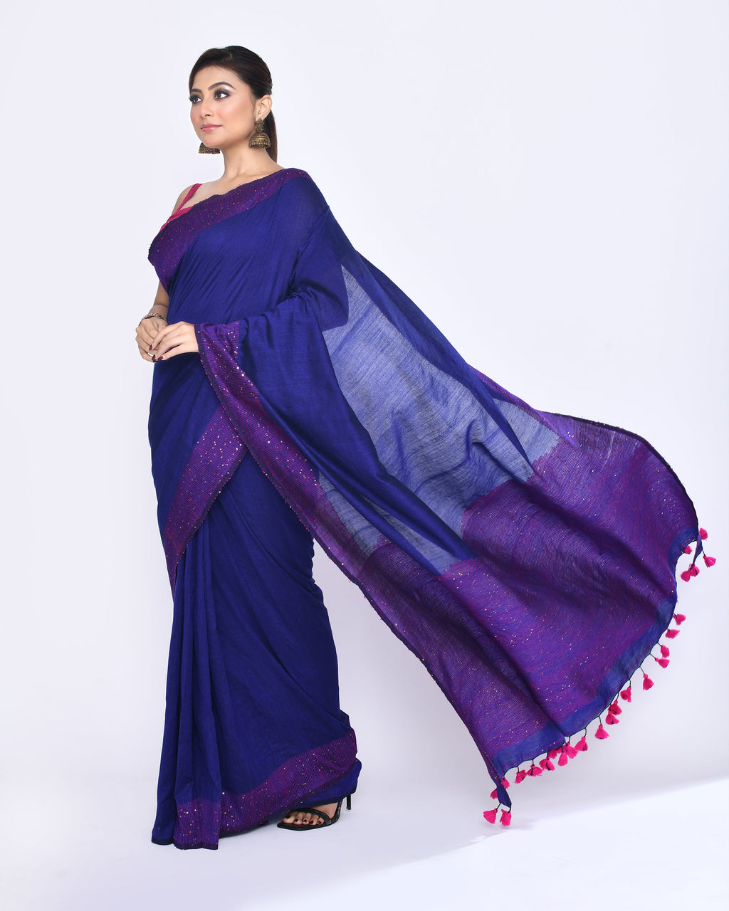 Piyari Fashion Women's Blue Embellished Sequined Cotton Saree | Grocsy
