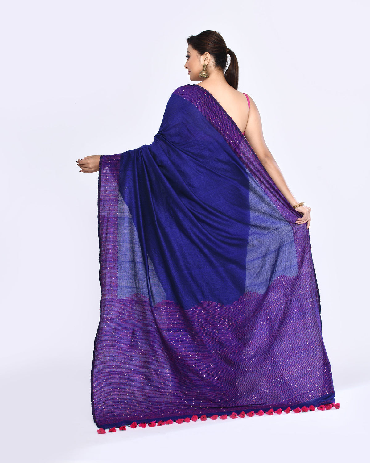 Piyari Fashion Women's Blue Embellished Sequined Cotton Saree | Grocsy