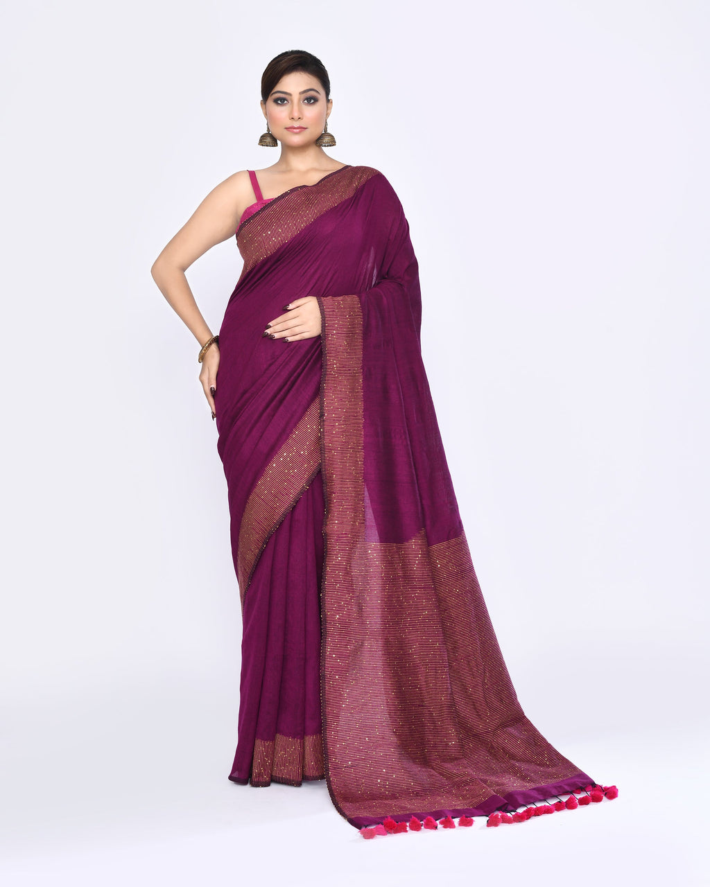 Piyari Fashion Women's Magenta Embellished Sequined Cotton Saree | Grocsy