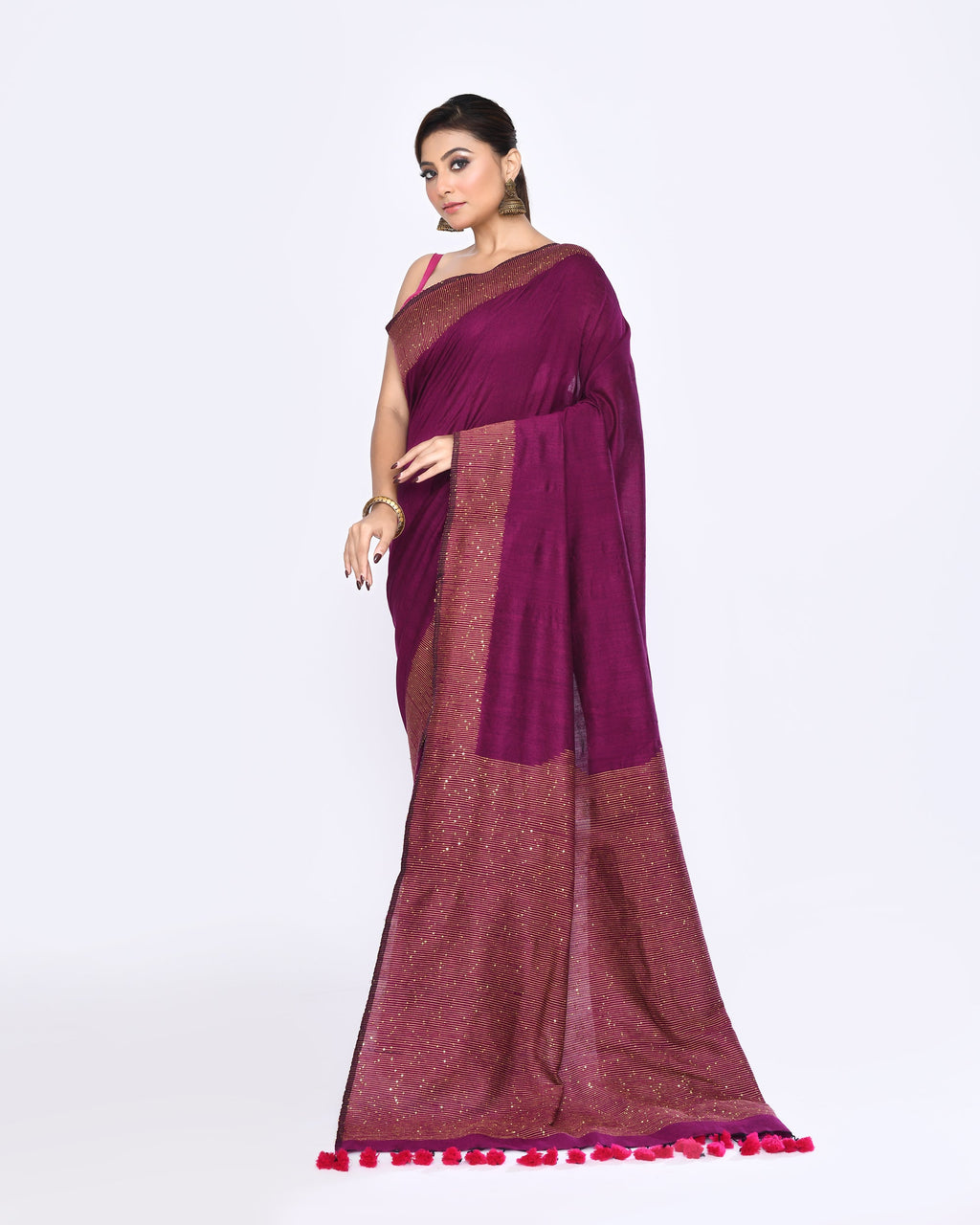 Piyari Fashion Women's Magenta Embellished Sequined Cotton Saree | Grocsy