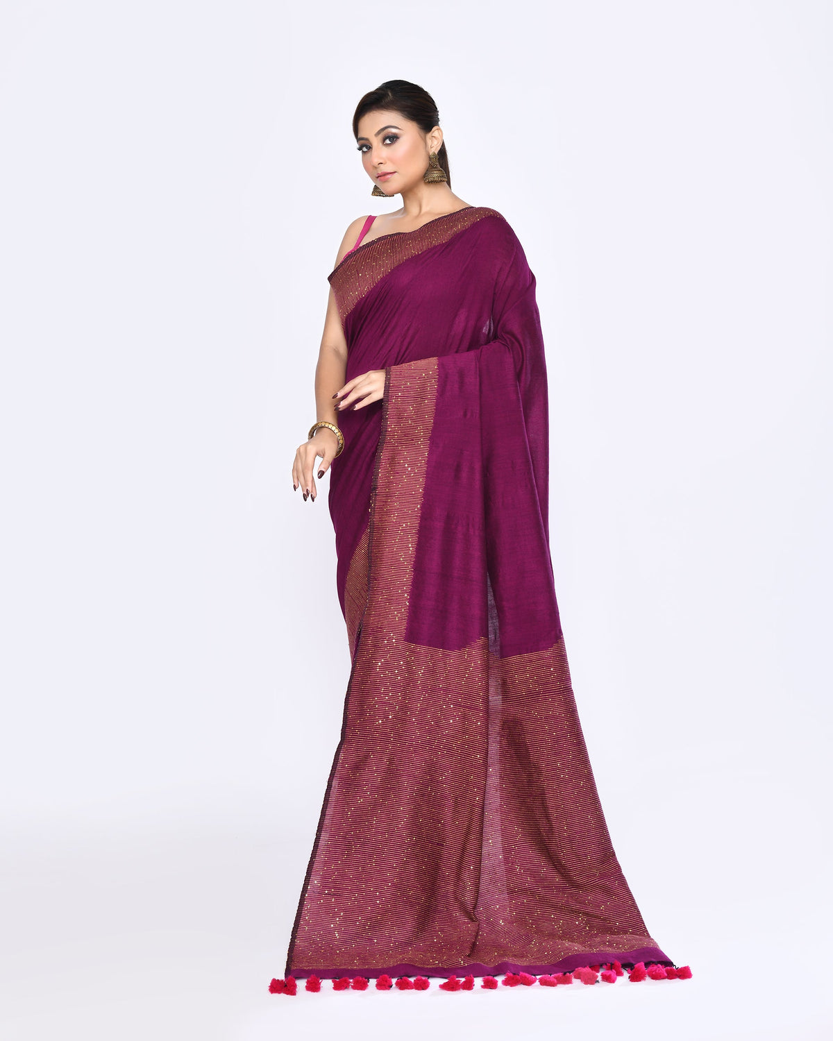 Piyari Fashion Women's Magenta Embellished Sequined Cotton Saree | Grocsy