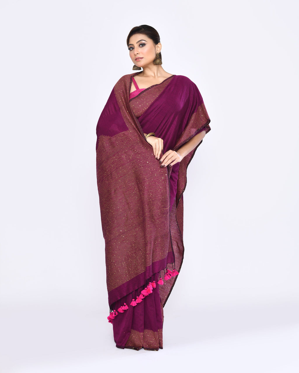 Piyari Fashion Women's Magenta Embellished Sequined Cotton Saree | Grocsy