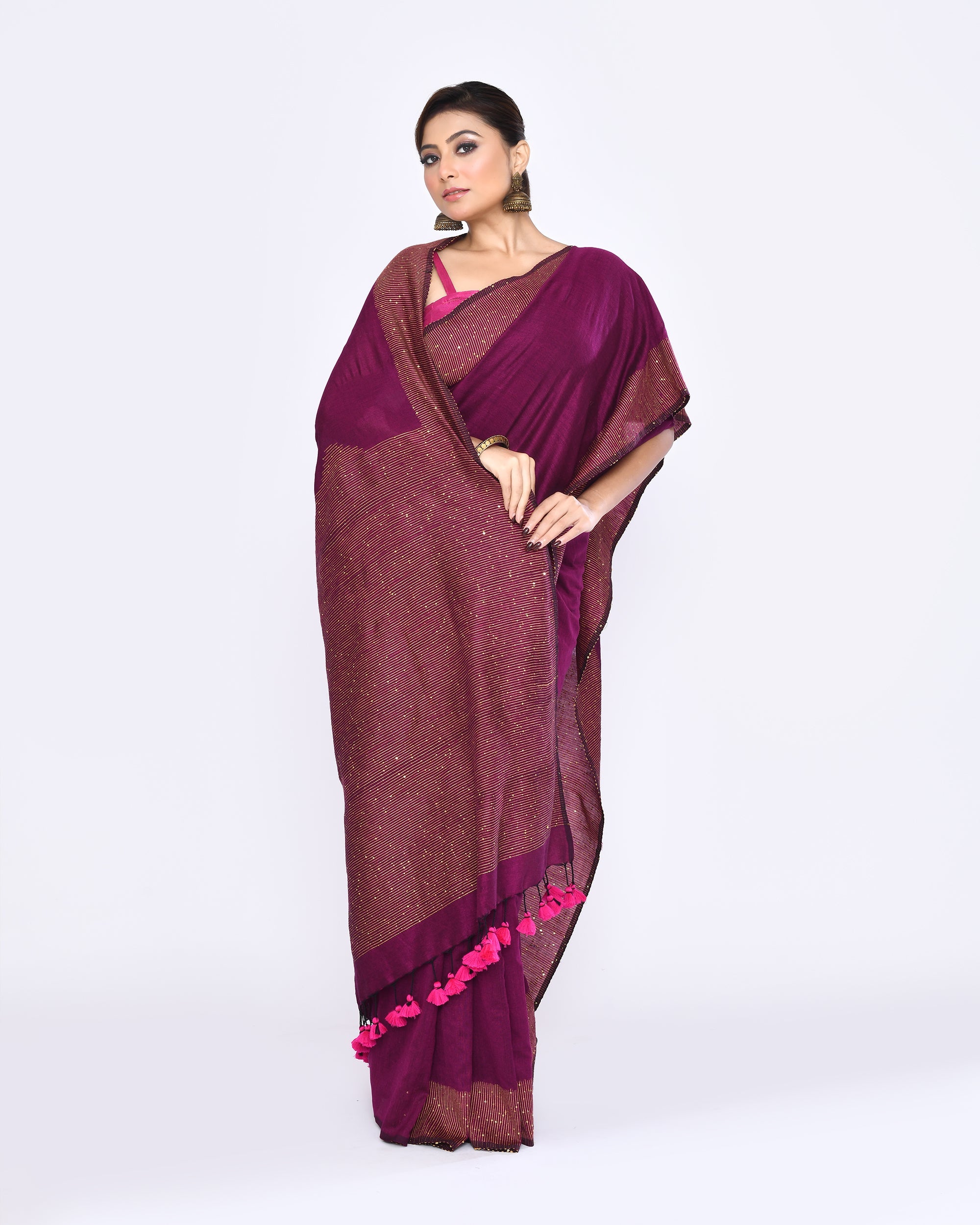 Piyari Fashion Women's Magenta Embellished Sequined Cotton Saree | Grocsy