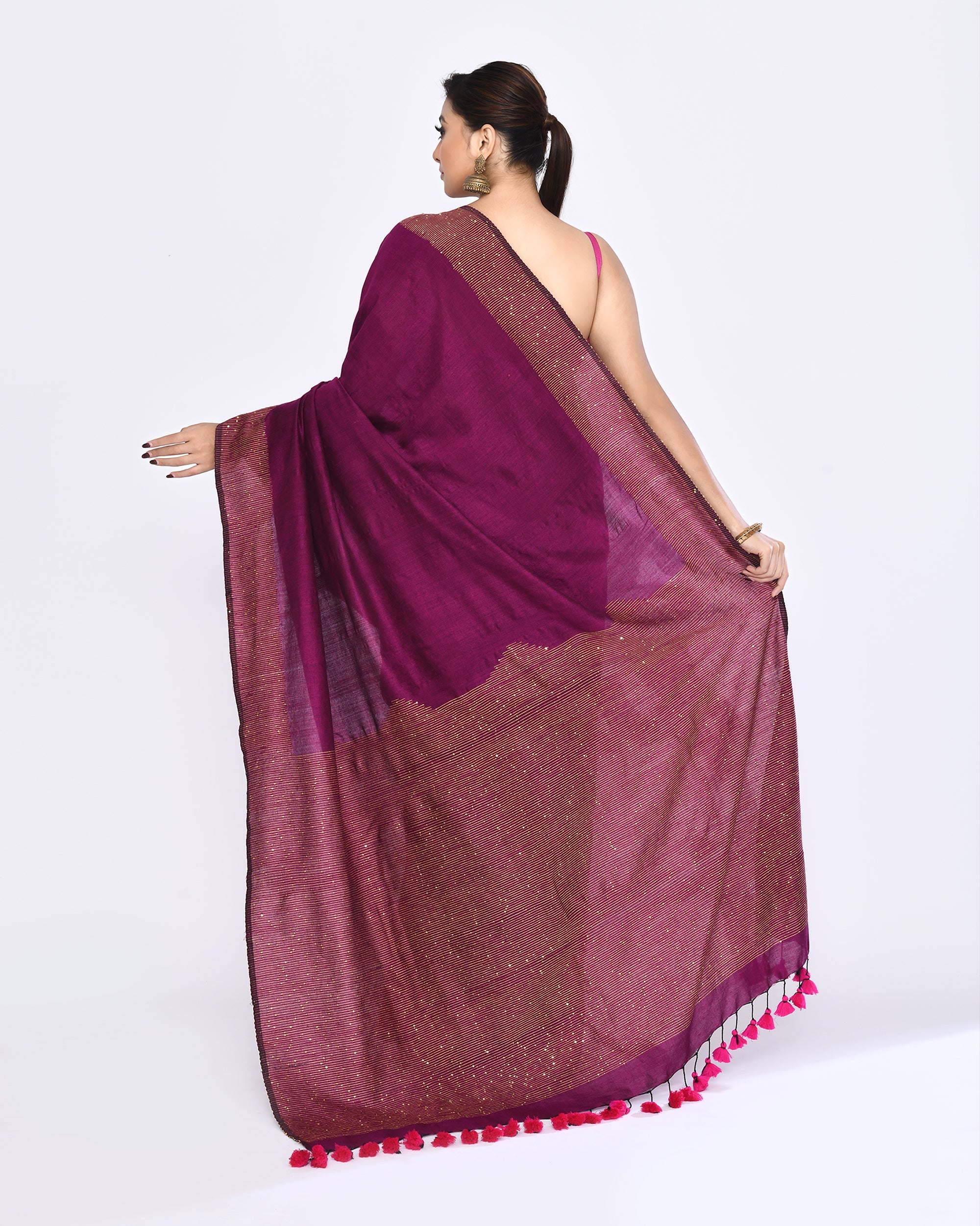 Piyari Fashion Women's Magenta Embellished Sequined Cotton Saree | Grocsy