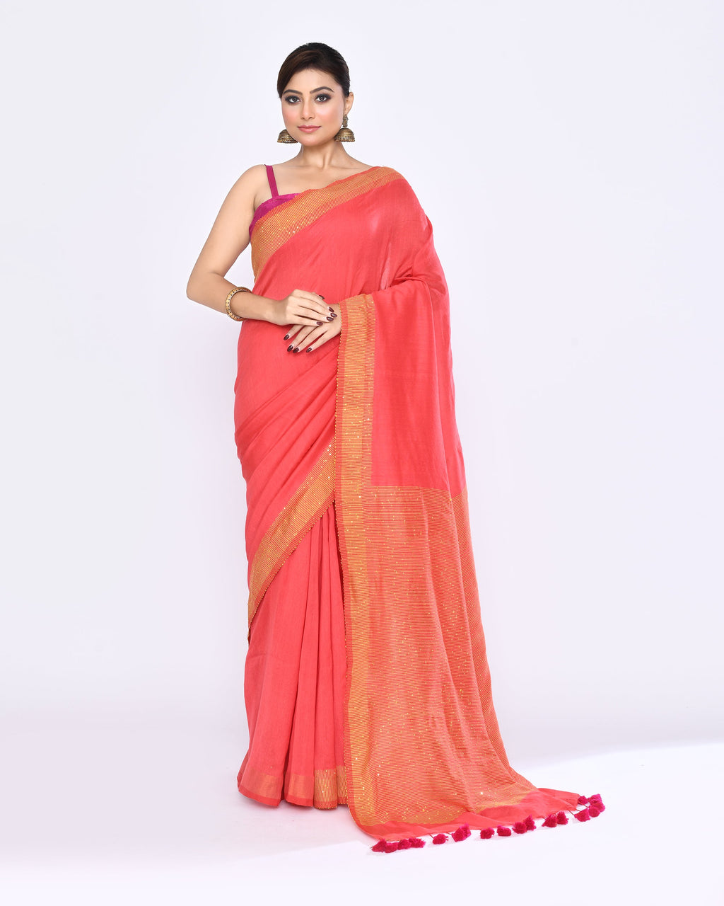 Piyari Fashion Women's Tomato Red Embellished Sequined Cotton Saree | Grocsy