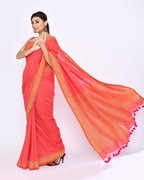 Piyari Fashion Women's Tomato Red Embellished Sequined Cotton Saree | Grocsy