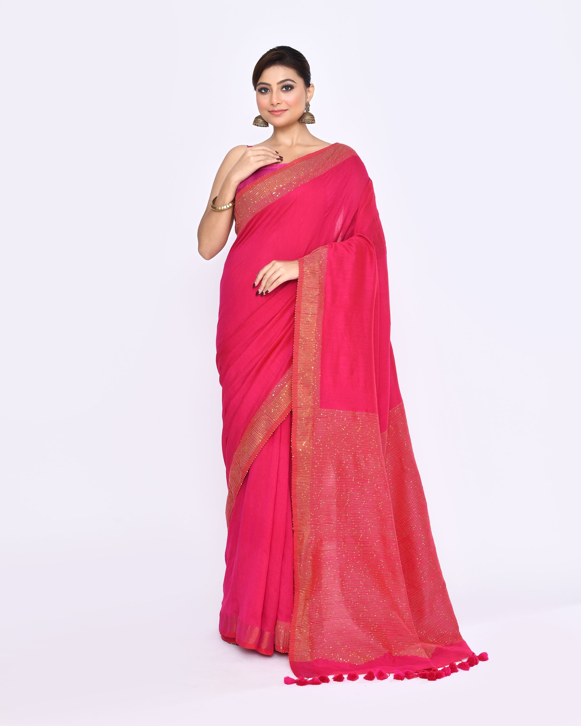 Piyari Fashion Women's Rani Pink Embellished Sequined Cotton Saree | Grocsy
