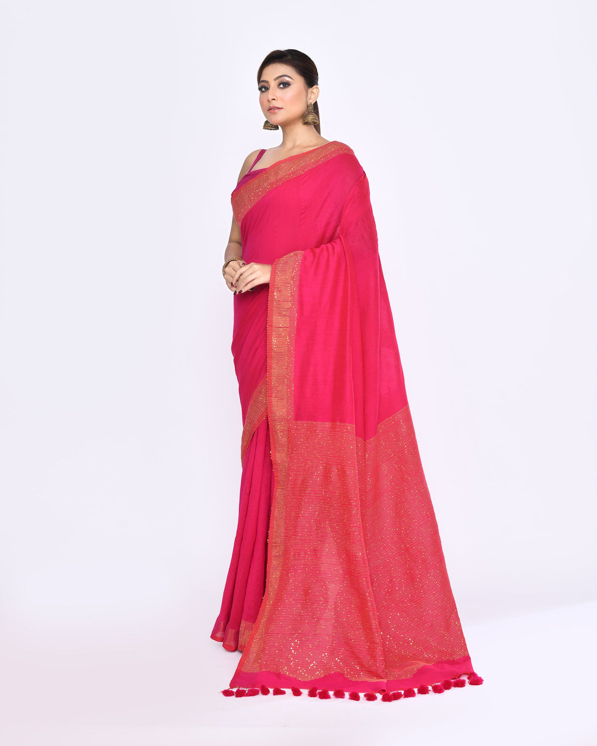 Piyari Fashion Women's Rani Pink Embellished Sequined Cotton Saree | Grocsy