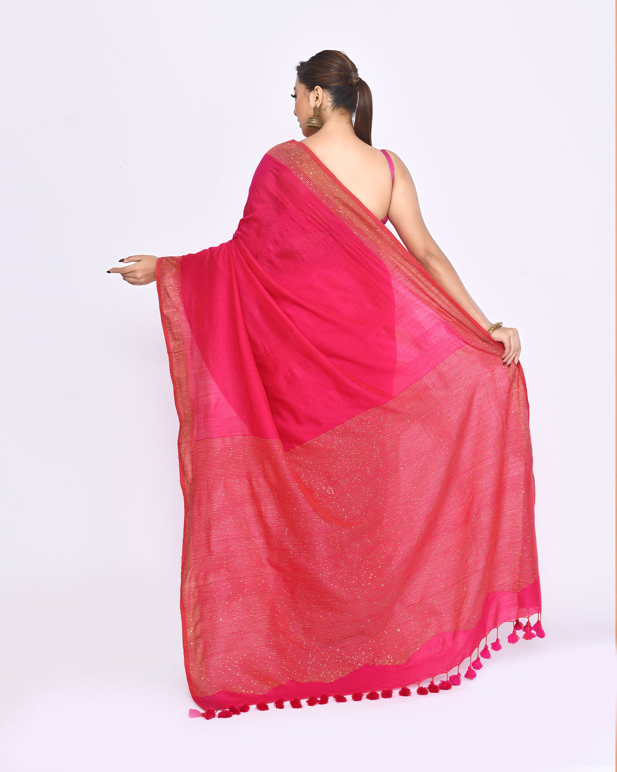 Piyari Fashion Women's Rani Pink Embellished Sequined Cotton Saree | Grocsy