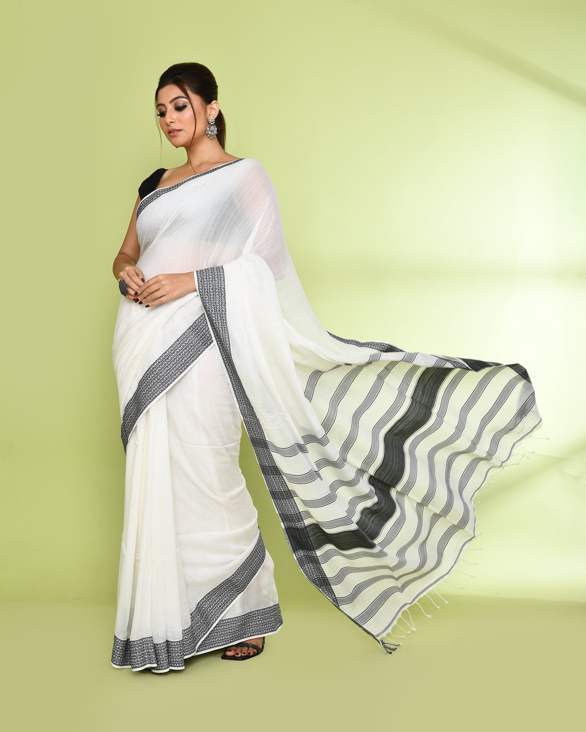 Piyari Fashion Women's White Embellished Cotton Saree | Grocsy