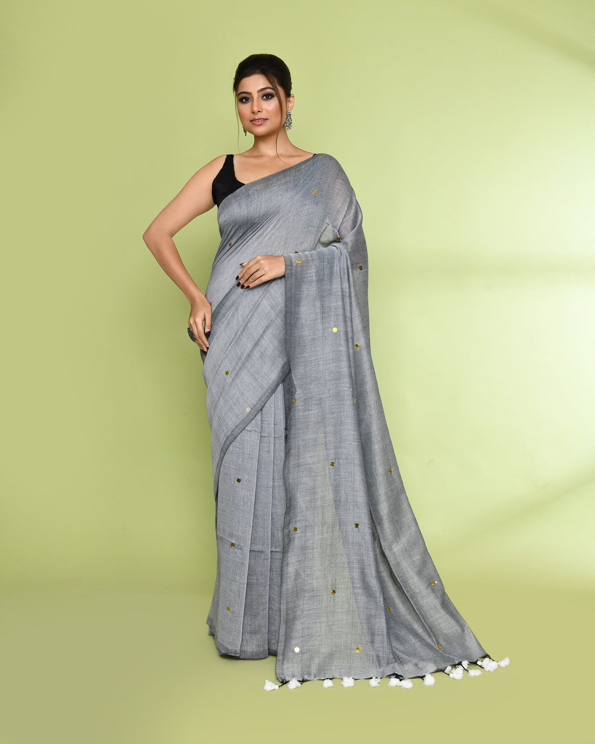 Piyari Fashion Women's Silver Grey Embellished Sequined Cotton Saree | Grocsy