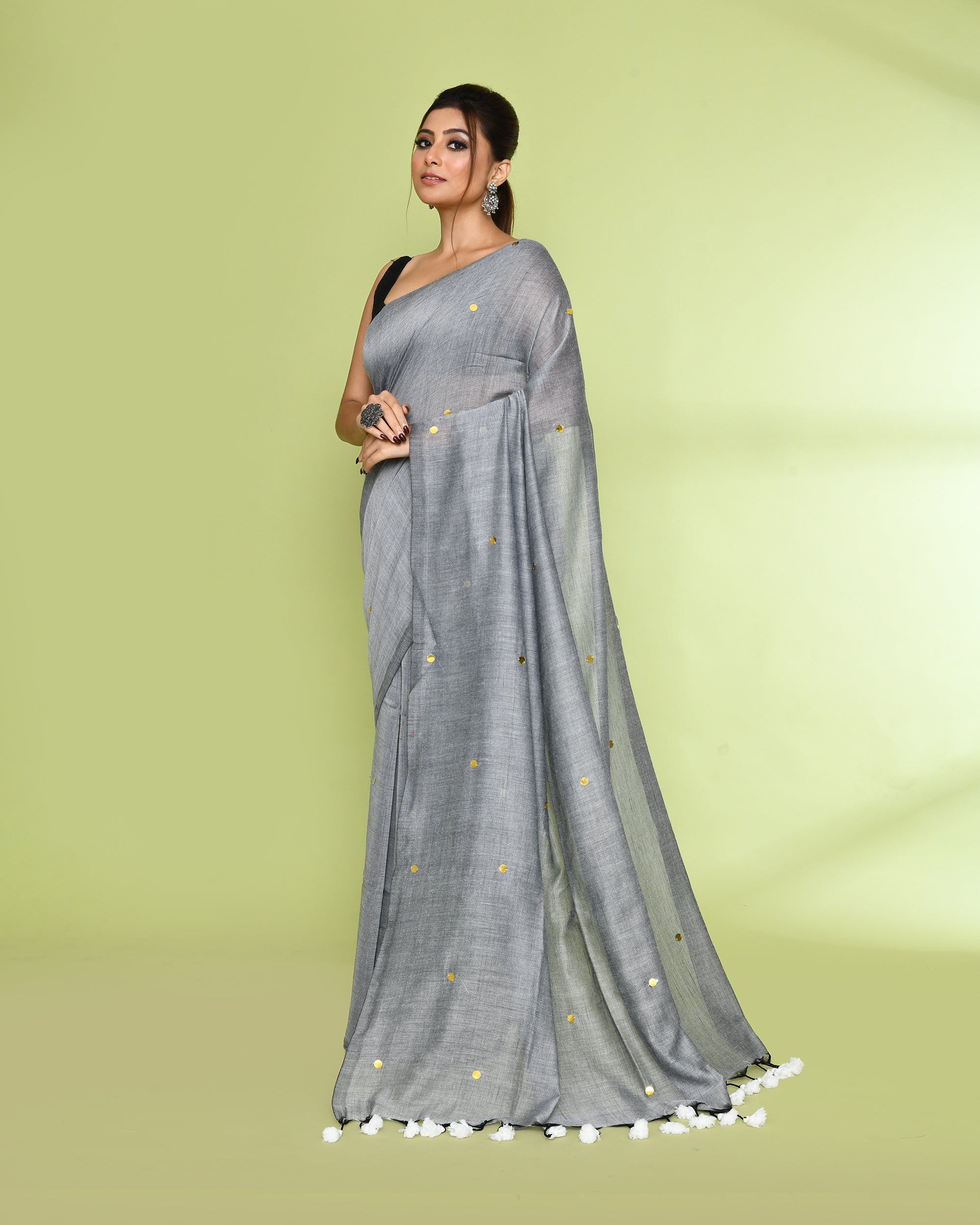 Piyari Fashion Women's Silver Grey Embellished Sequined Cotton Saree | Grocsy