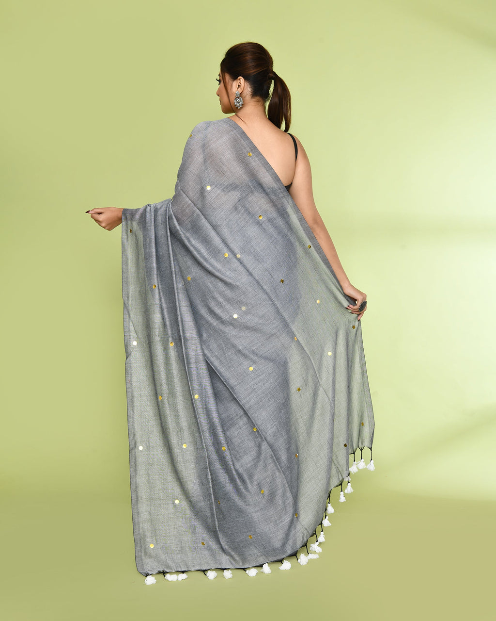 Piyari Fashion Women's Silver Grey Embellished Sequined Cotton Saree | Grocsy
