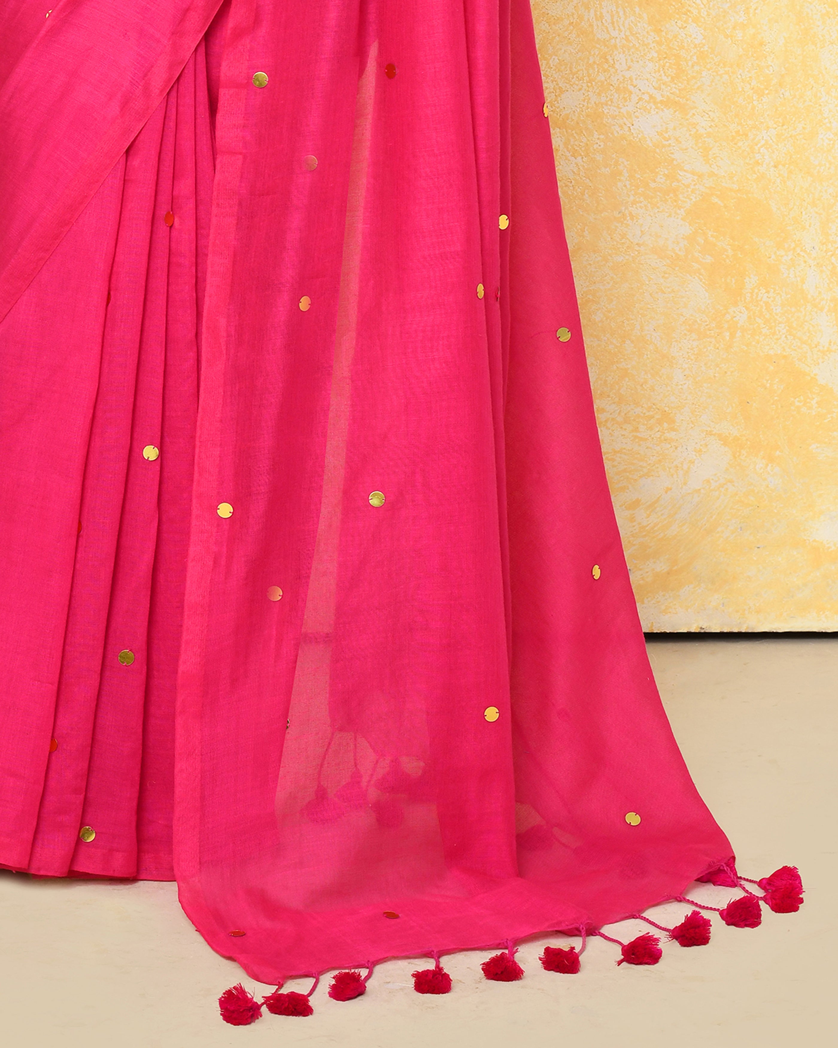 Piyari Fashion Women's Pink Sequin Work Soft Pure Cotton Saree With Blouse Piece | Grocsy