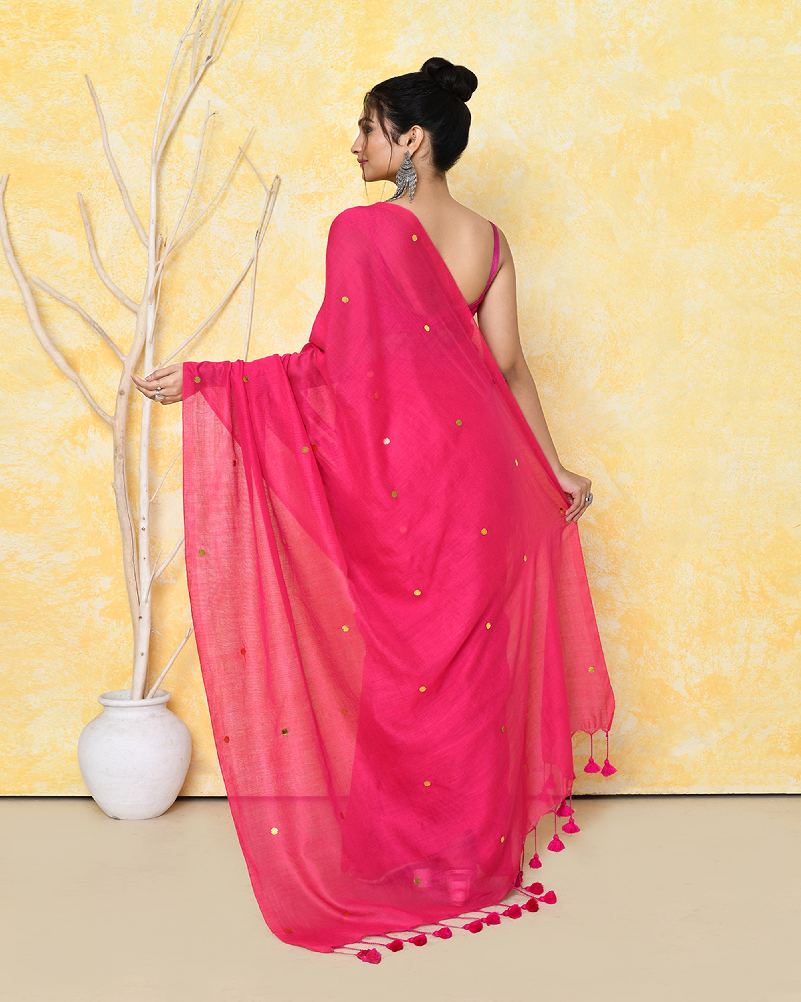 Piyari Fashion Women's Pink Sequin Work Soft Pure Cotton Saree With Blouse Piece | Grocsy