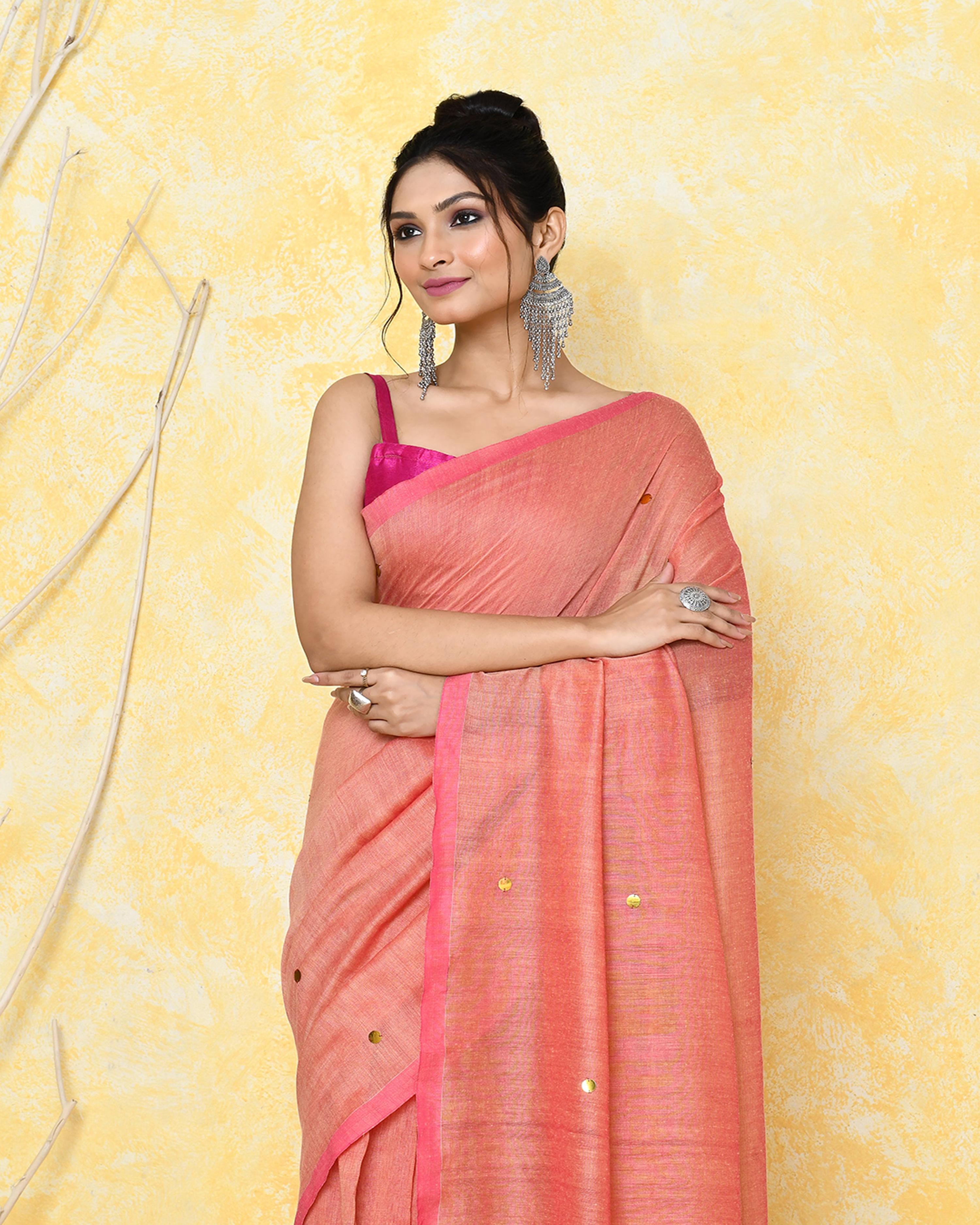 Piyari Fashion Women's Peach Sequin Work Soft Pure Cotton Saree With Blouse Piece | Grocsy
