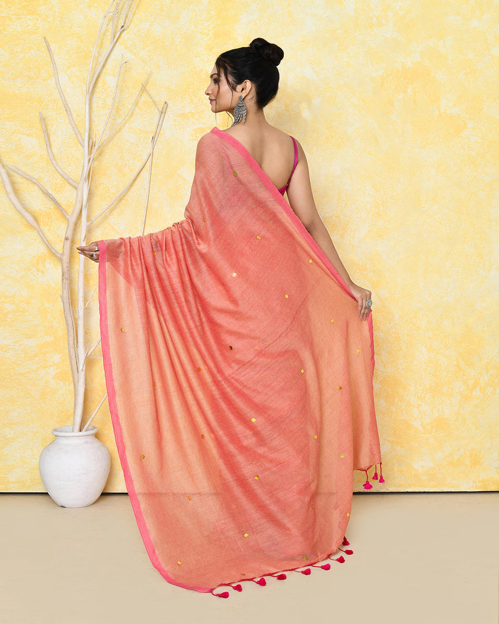 Piyari Fashion Women's Peach Sequin Work Soft Pure Cotton Saree With Blouse Piece | Grocsy