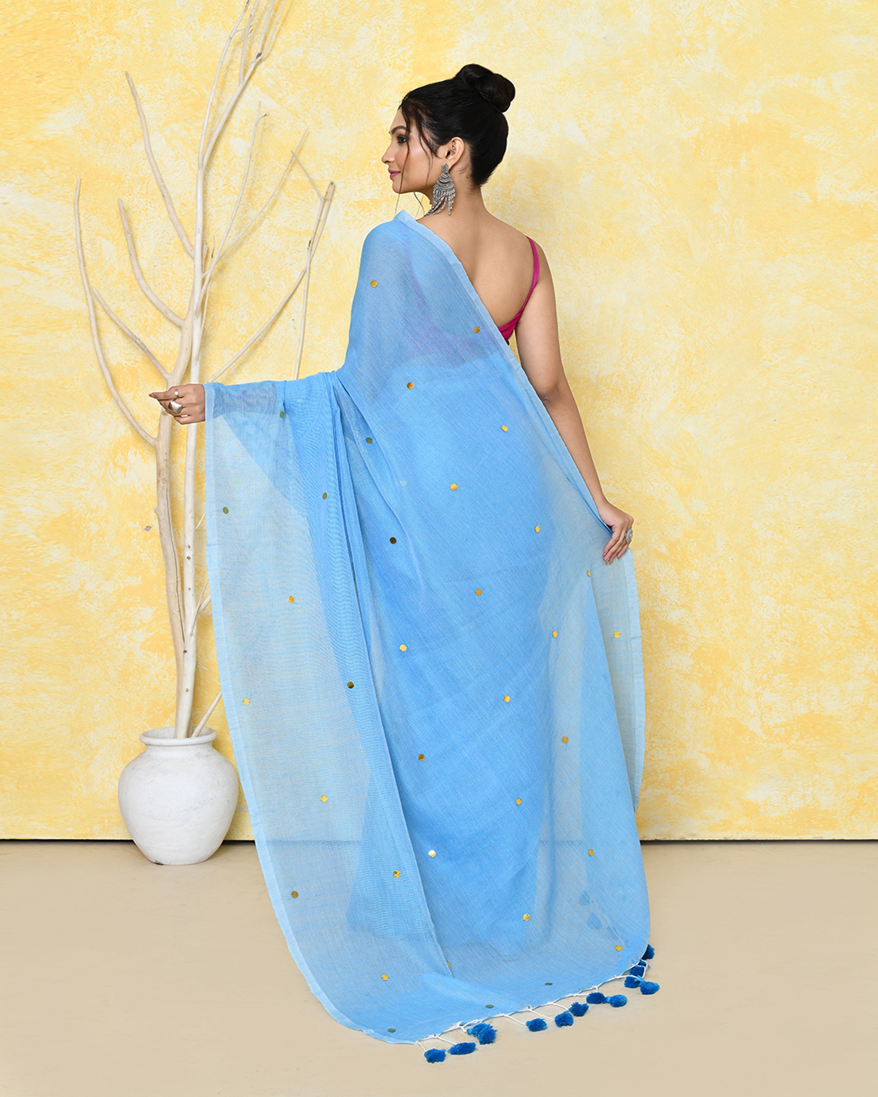 Piyari Fashion Women's Sky Blue Sequin Work Soft Pure Cotton Saree With Blouse Piece | Grocsy