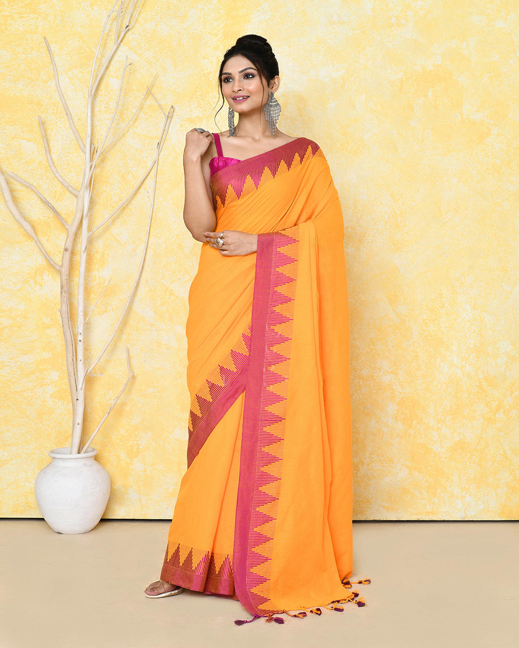 Piyari Fashion Women's Mustard Yellow Hand Work Cotton Saree With Blouse Piece | Grocsy