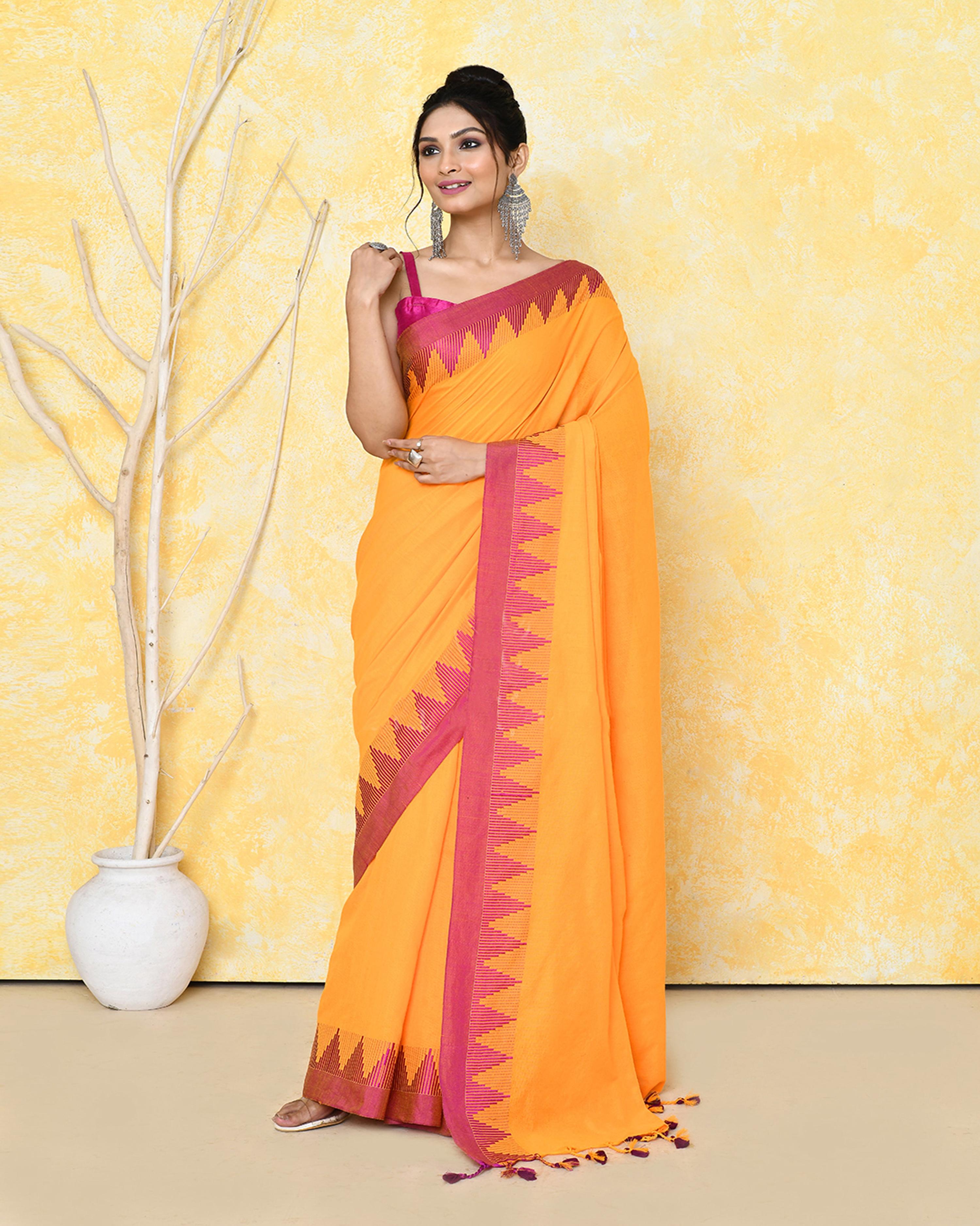 Piyari Fashion Women's Mustard Yellow Hand Work Cotton Saree With Blouse Piece | Grocsy