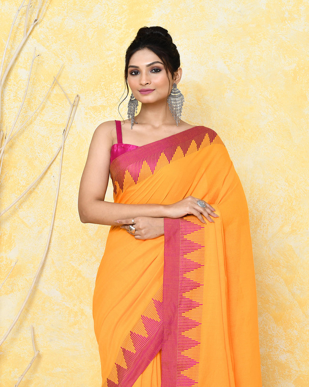 Piyari Fashion Women's Mustard Yellow Hand Work Cotton Saree With Blouse Piece | Grocsy