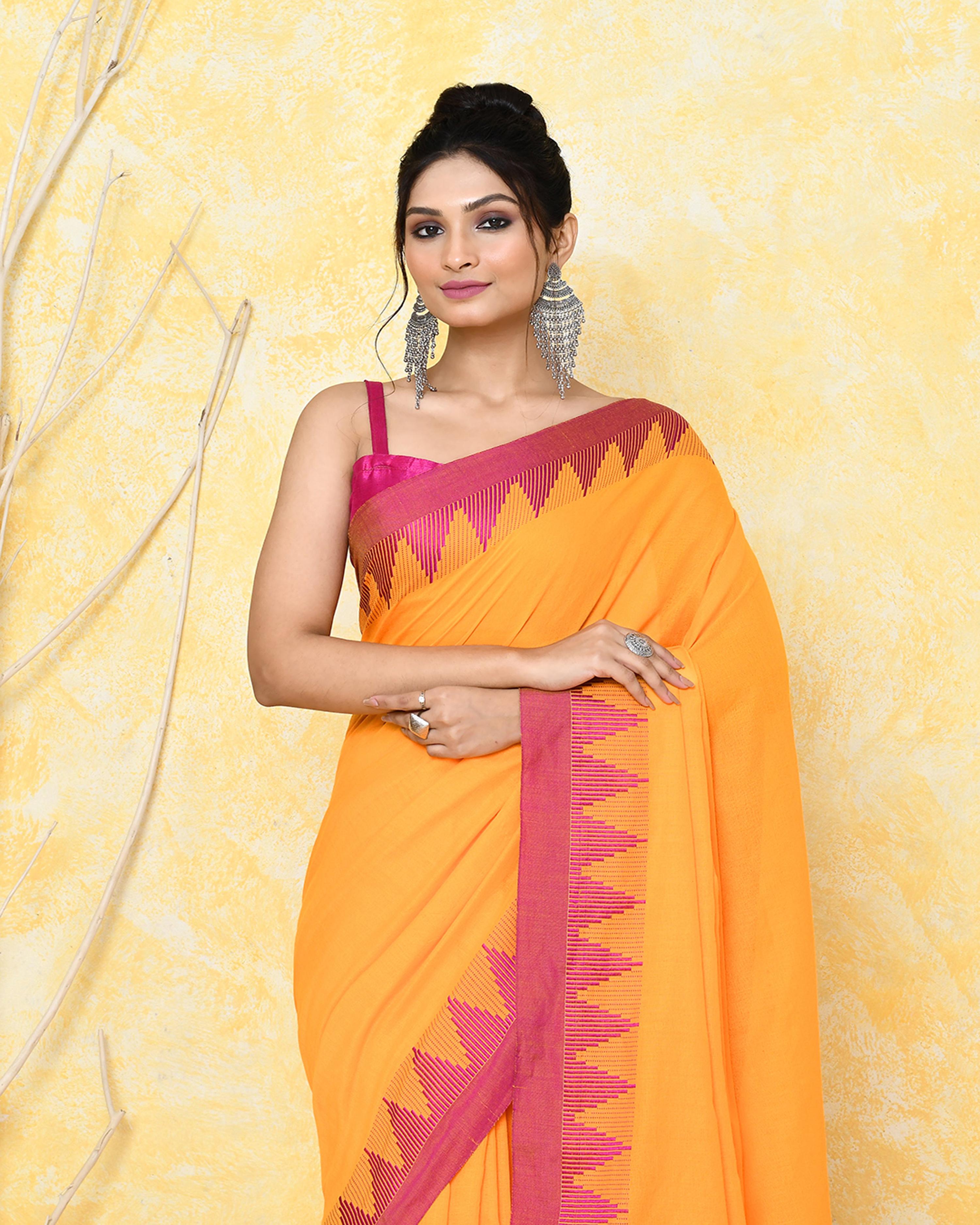 Piyari Fashion Women's Mustard Yellow Hand Work Cotton Saree With Blouse Piece | Grocsy