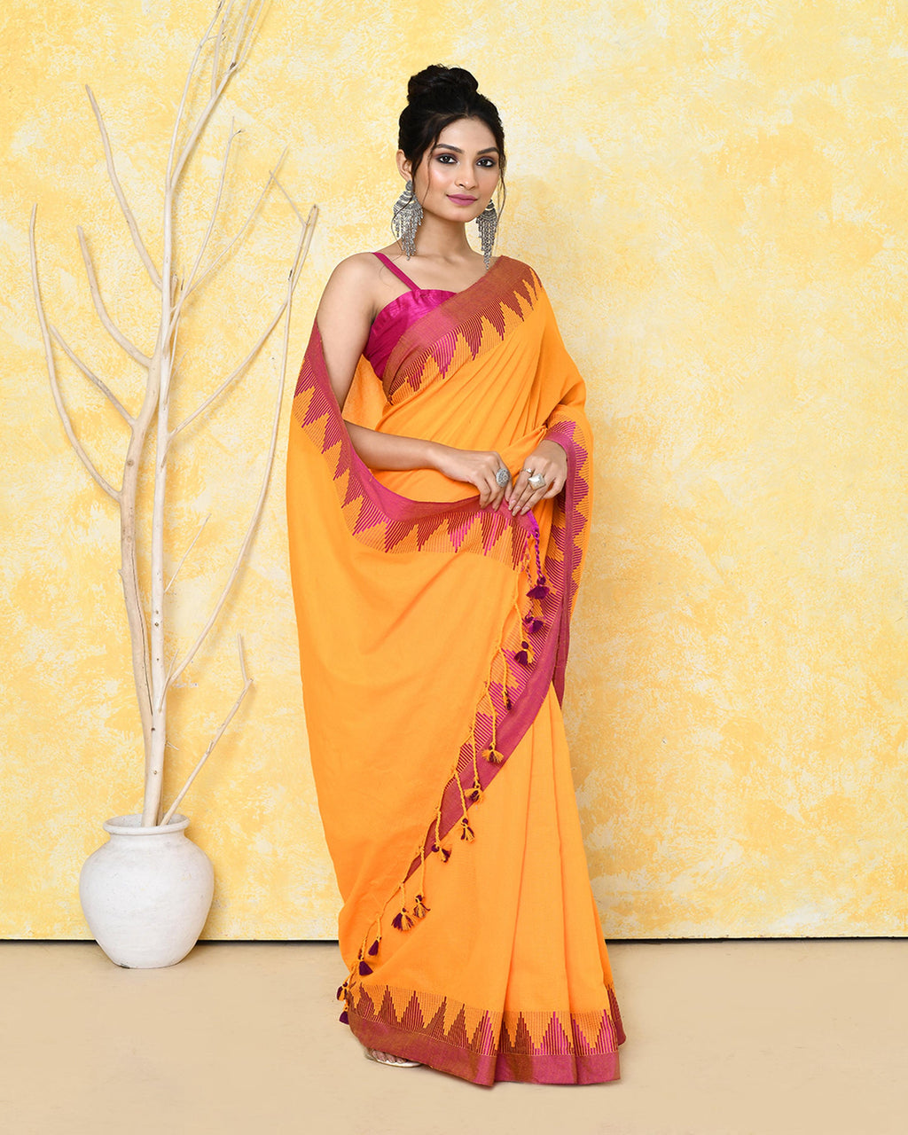 Piyari Fashion Women's Mustard Yellow Hand Work Cotton Saree With Blouse Piece | Grocsy