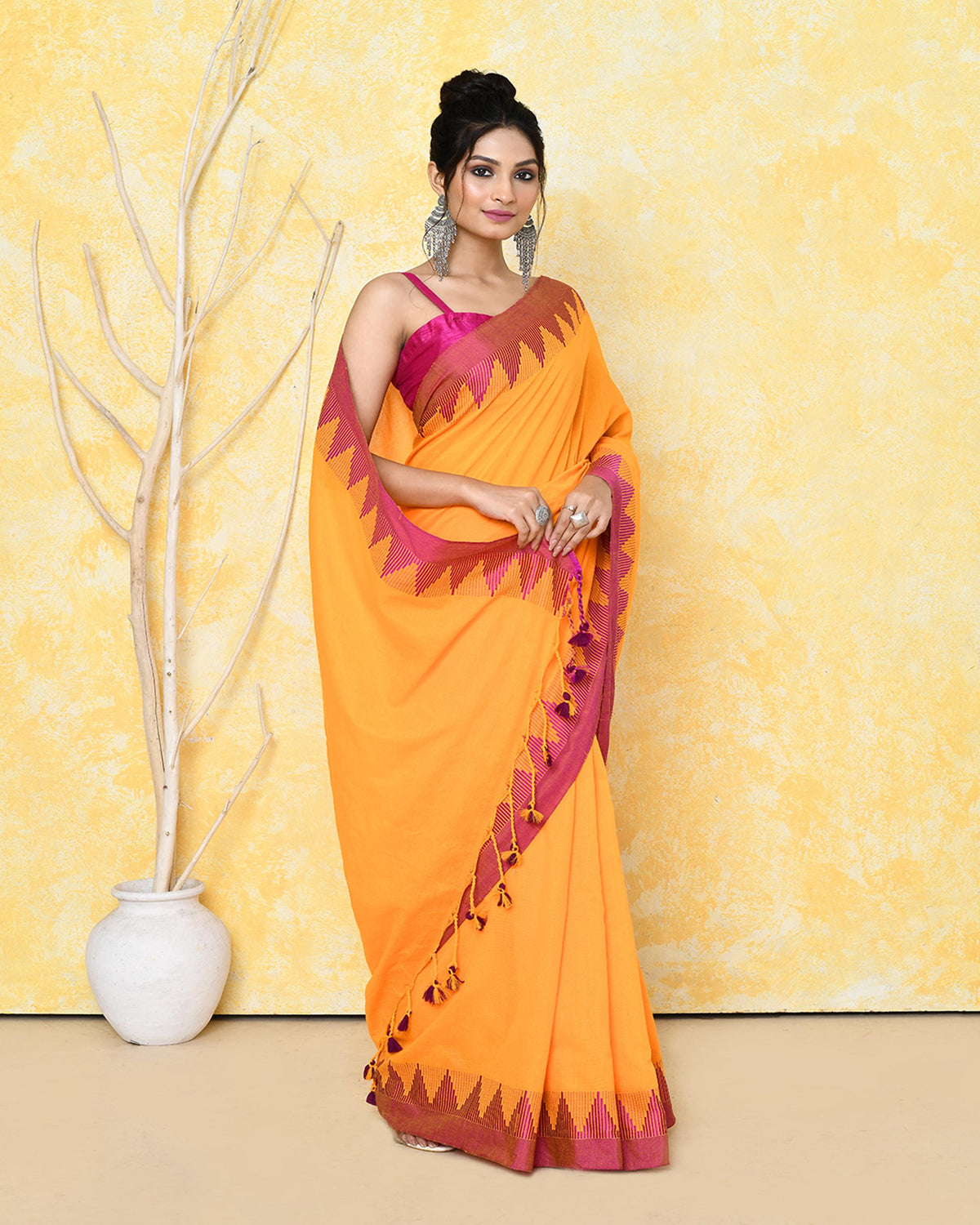 Piyari Fashion Women's Mustard Yellow Hand Work Cotton Saree With Blouse Piece | Grocsy