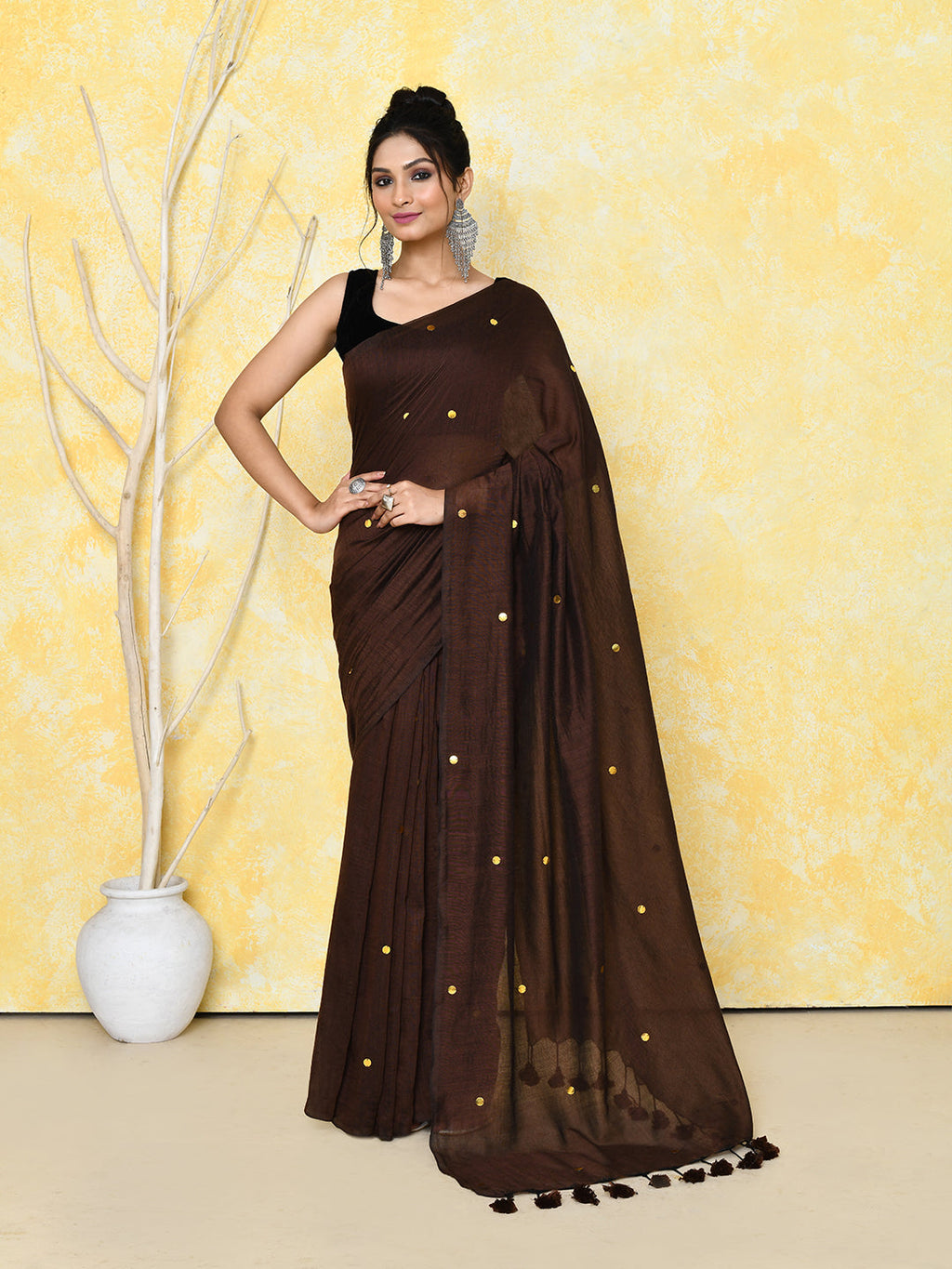 Piyari Fashion Women's Chocolate Brown Sequin Work Soft Pure Cotton Saree With Blouse Piece | Grocsy