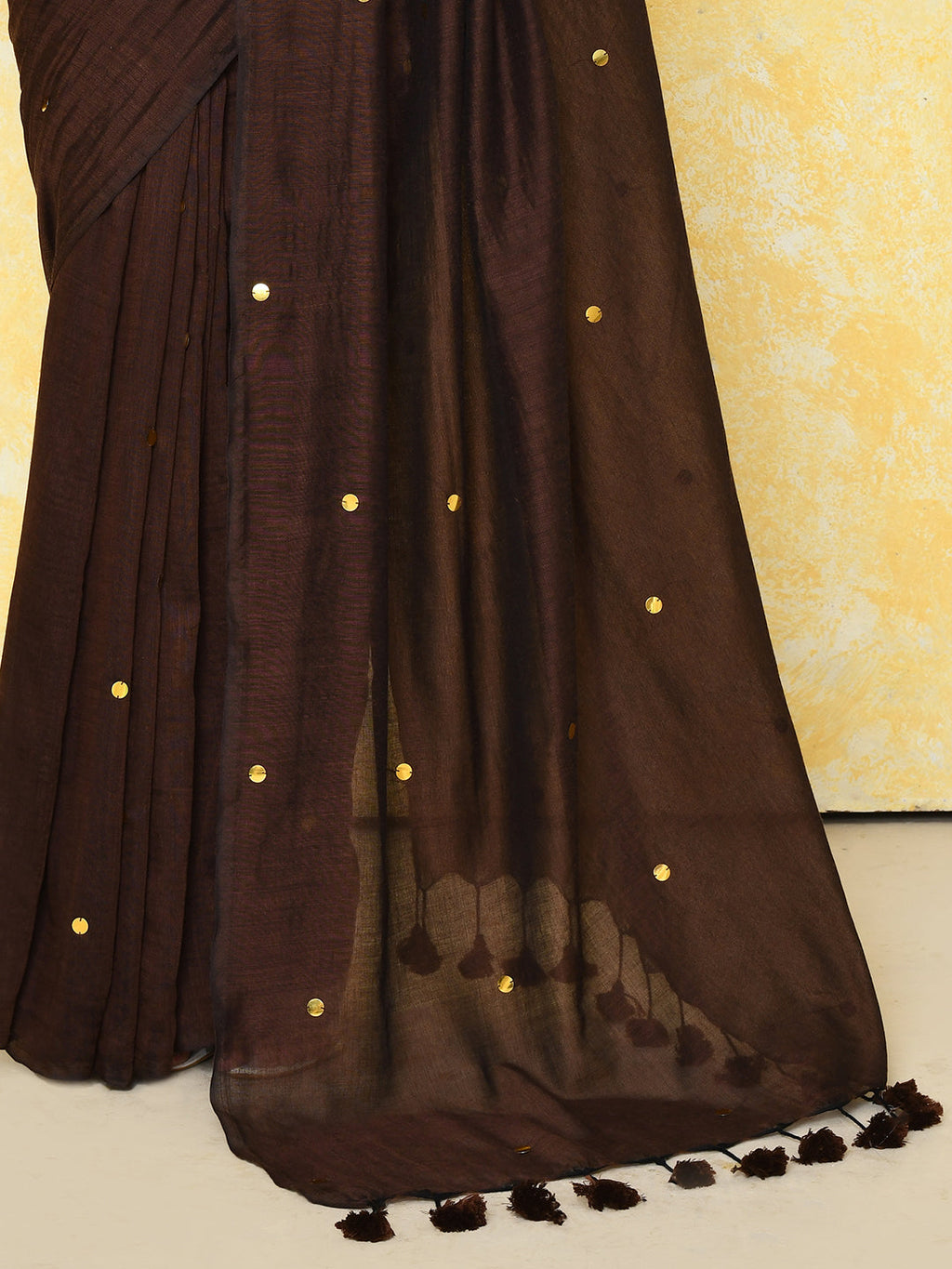 Piyari Fashion Women's Chocolate Brown Sequin Work Soft Pure Cotton Saree With Blouse Piece | Grocsy