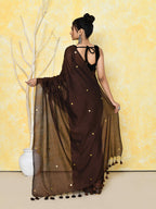 Piyari Fashion Women's Chocolate Brown Sequin Work Soft Pure Cotton Saree With Blouse Piece | Grocsy